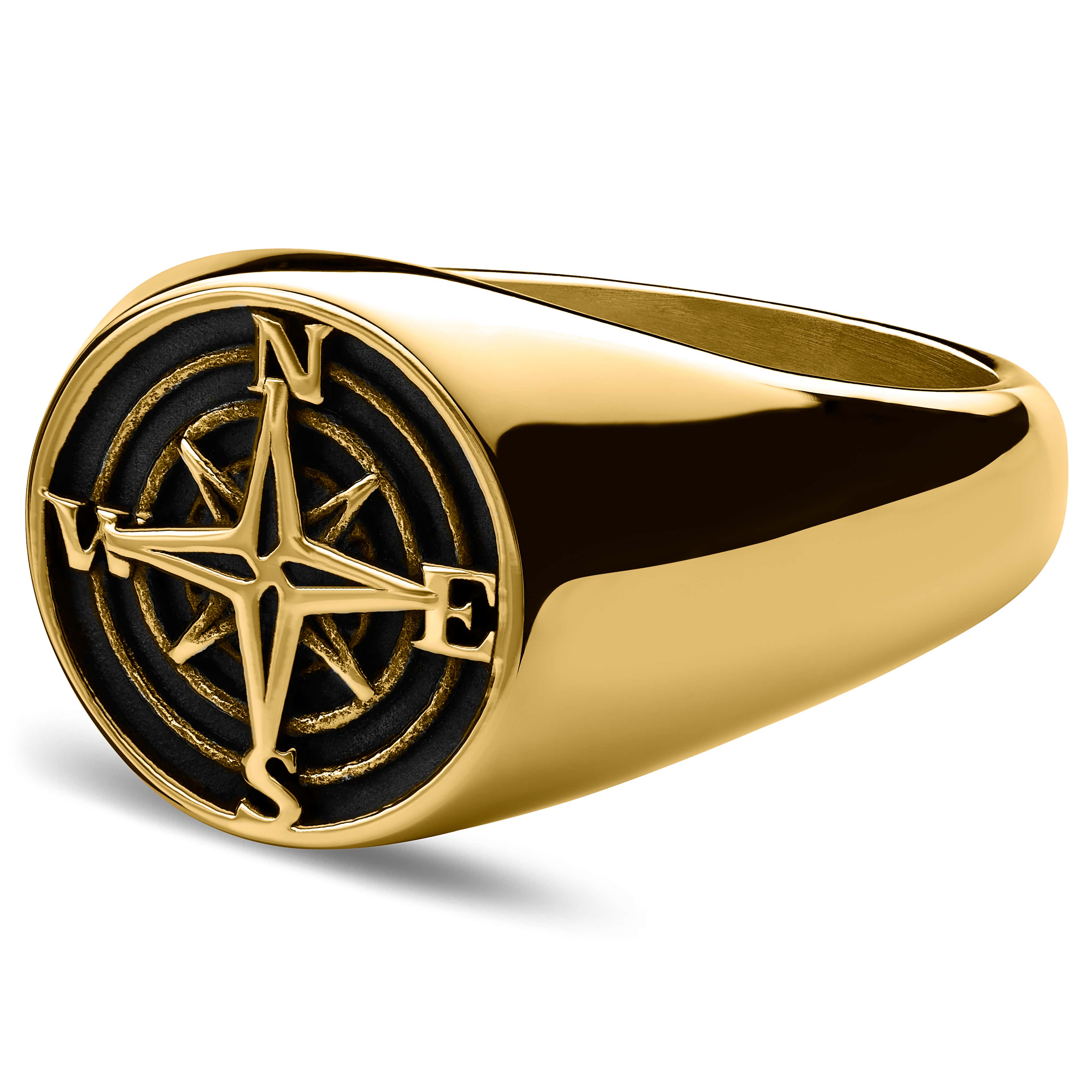 Atlas | Златист стоманен пръстен печат с компас