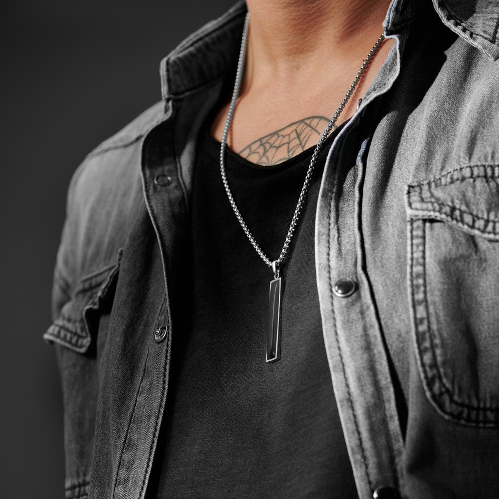 hover: Orisun | Silver-Tone Stainless Steel Black Onyx Line Pendant Necklace hover: Orisun | Silver-Tone Stainless Steel Black Onyx Line Pendant Necklace
