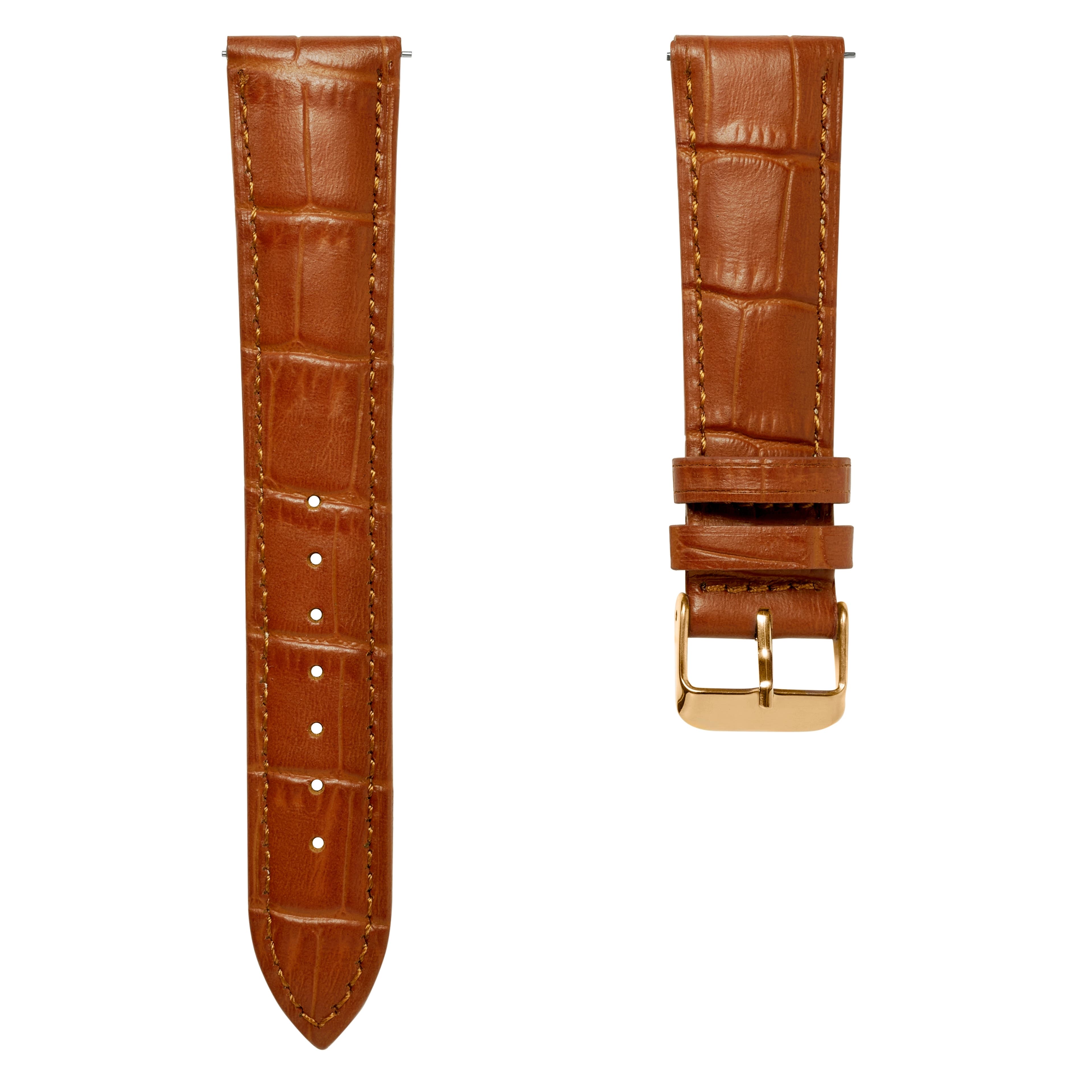 22 mm horlogeband van bruin leer met krokodillenmotief en roségoudkleurige gesp – Snelsluiting