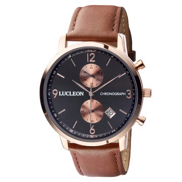 Lane | Rose Gold-Tone Chronograph Watch With Black Dial & Terracotta Leather Strap