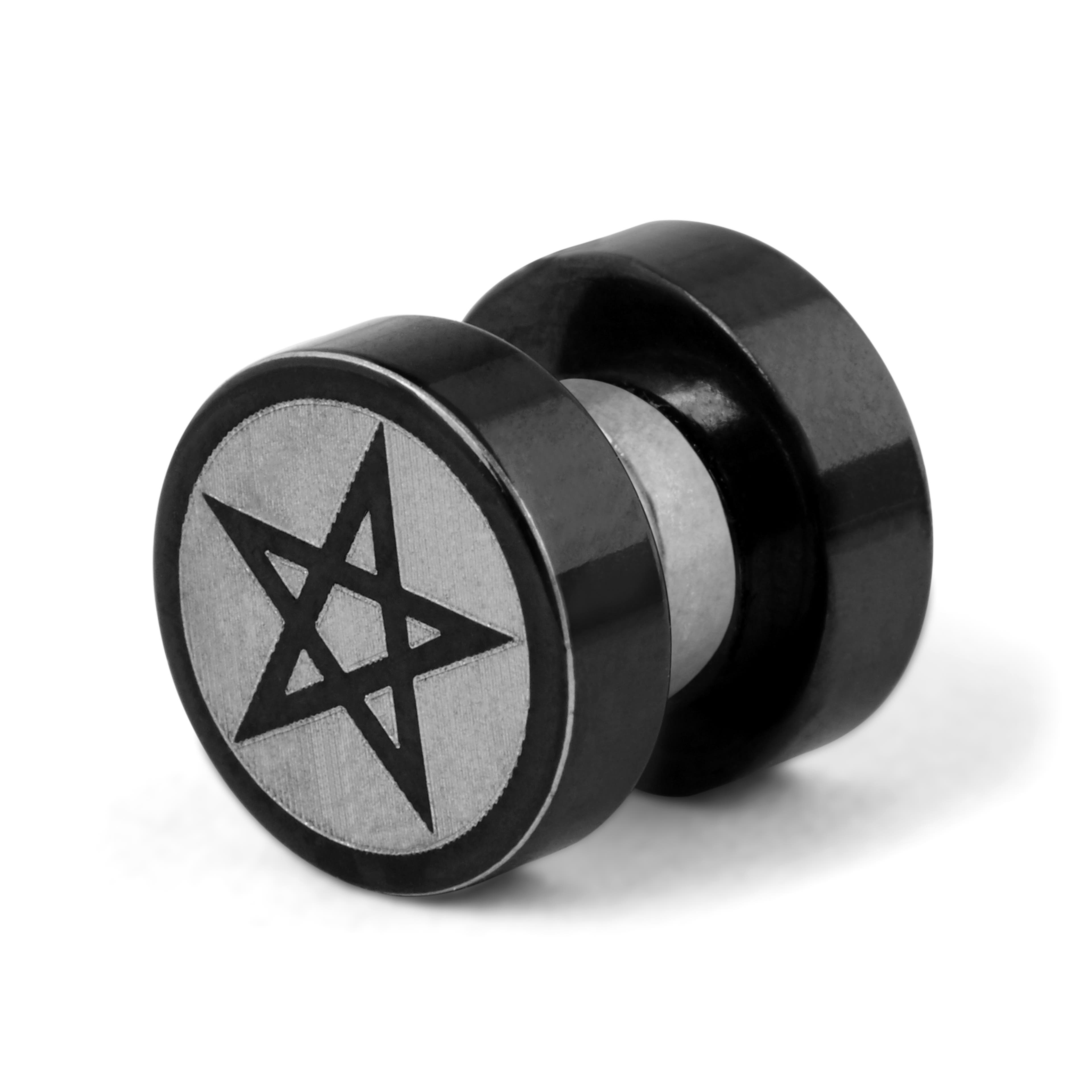 Mágneses kerek fülbevaló fekete pentagrammával - 8 mm
