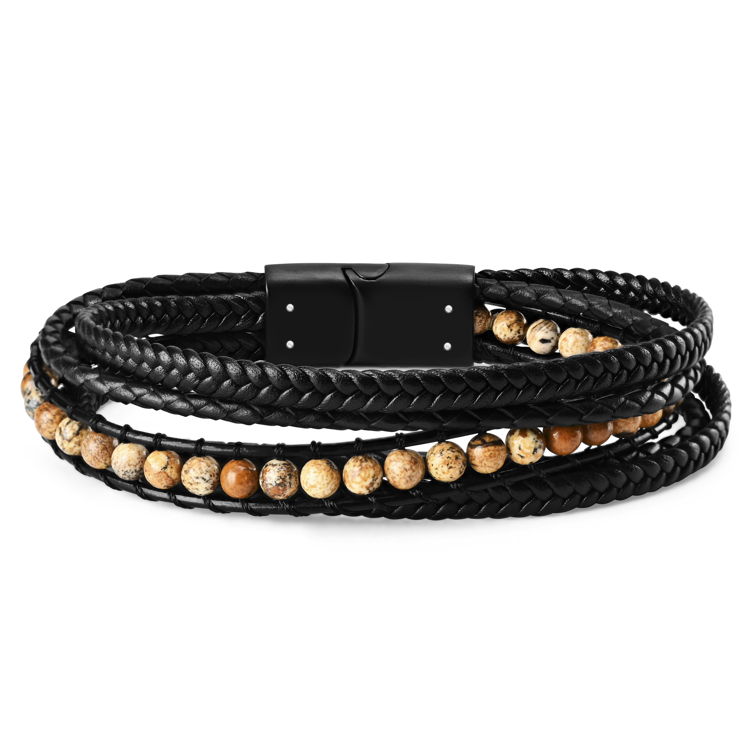 Naxos | Black Braided Leather & Jasper Bead Bracelet - 5