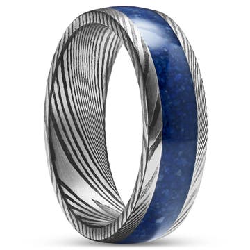 Fortis | 7 mm Gunmetal Gray and Silver-Tone Damascus Steel Ring with Lapis Lazuli Inlay