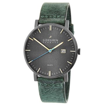 Kevil | Dark Grey Slim Dress Watch With Black Dial, Gold-Tone Hands & Green Leather Strap