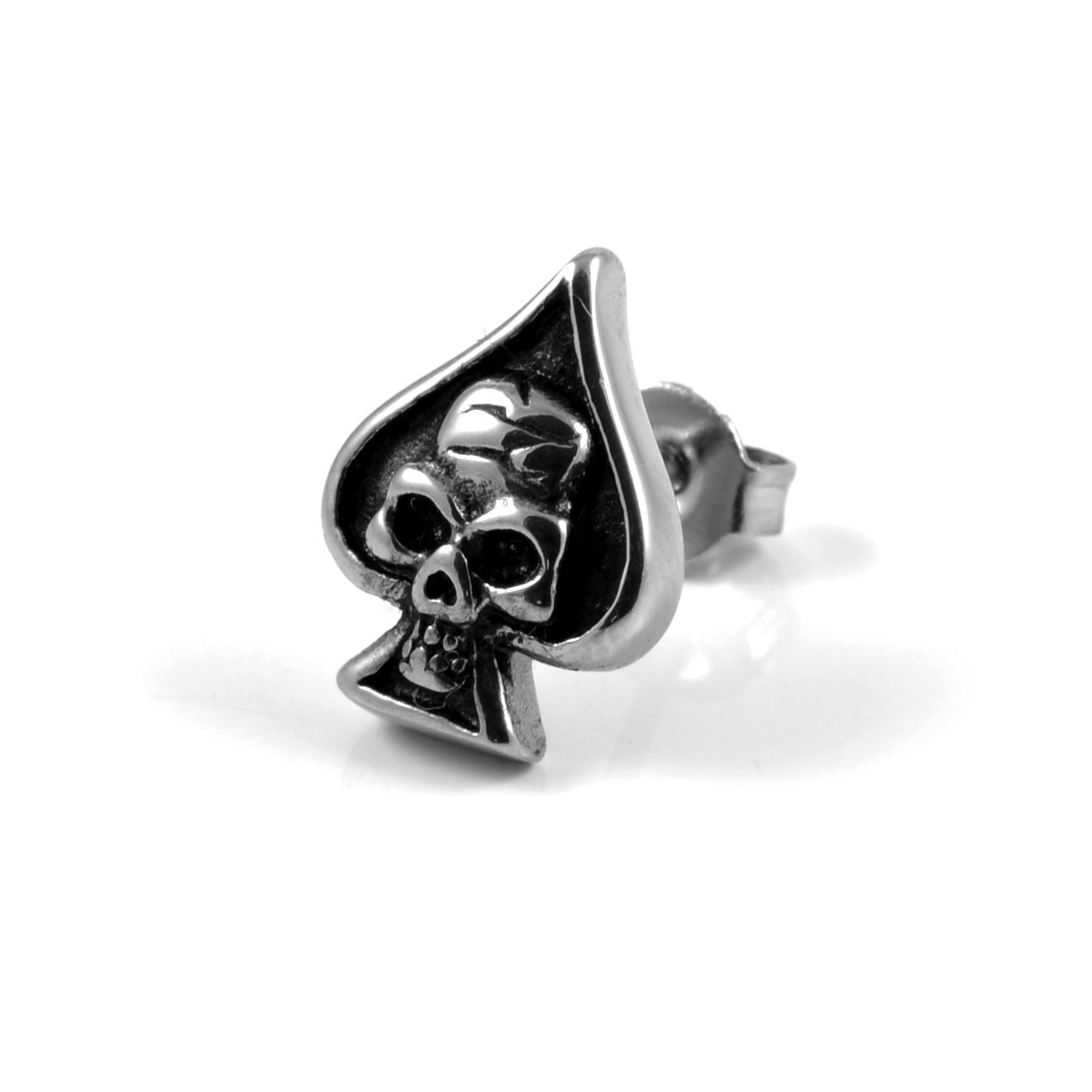 Silver-Tone Stainless Steel Ace of Spades Skull Stud Earring