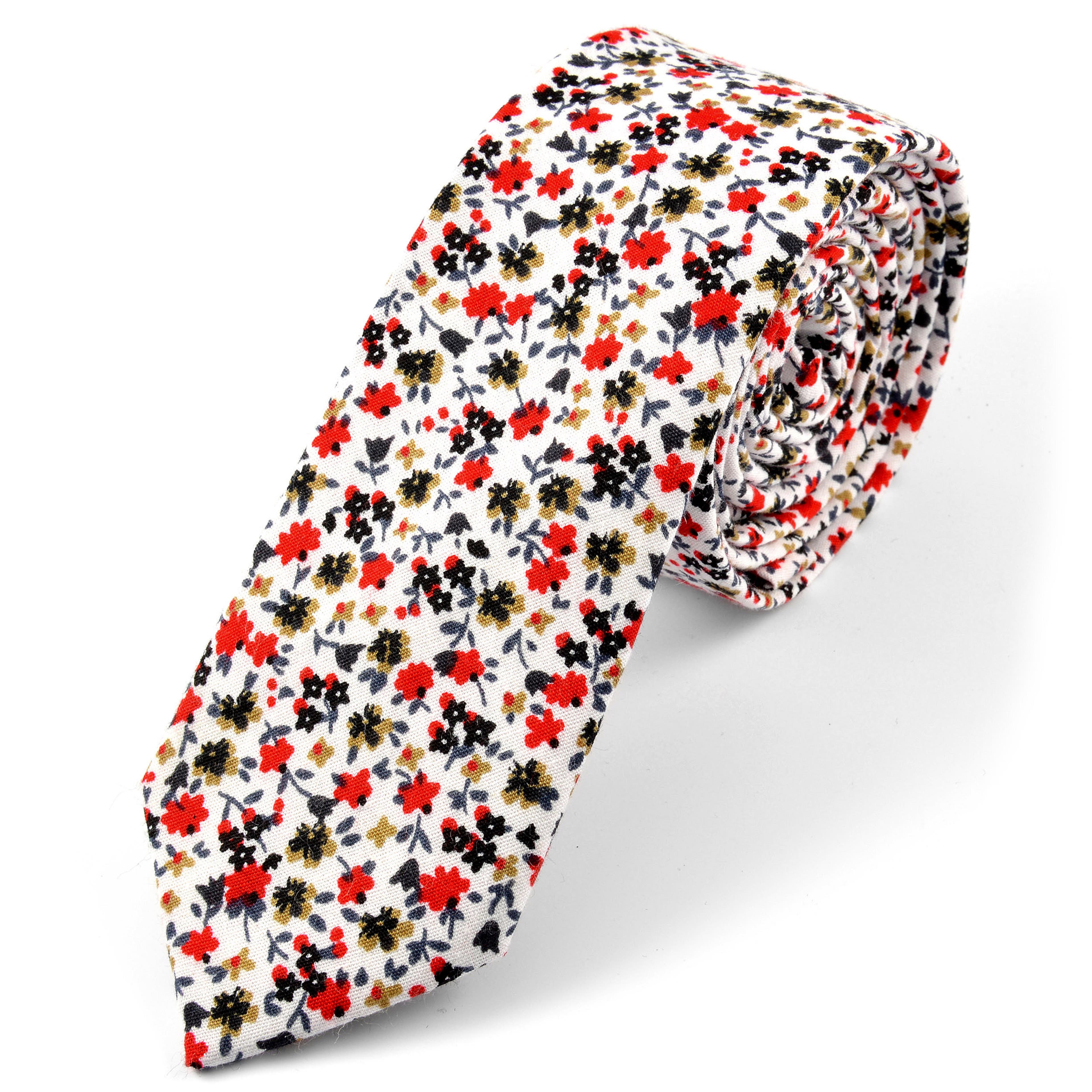 Biela bavlnená kravata s kvetinovým vzorom