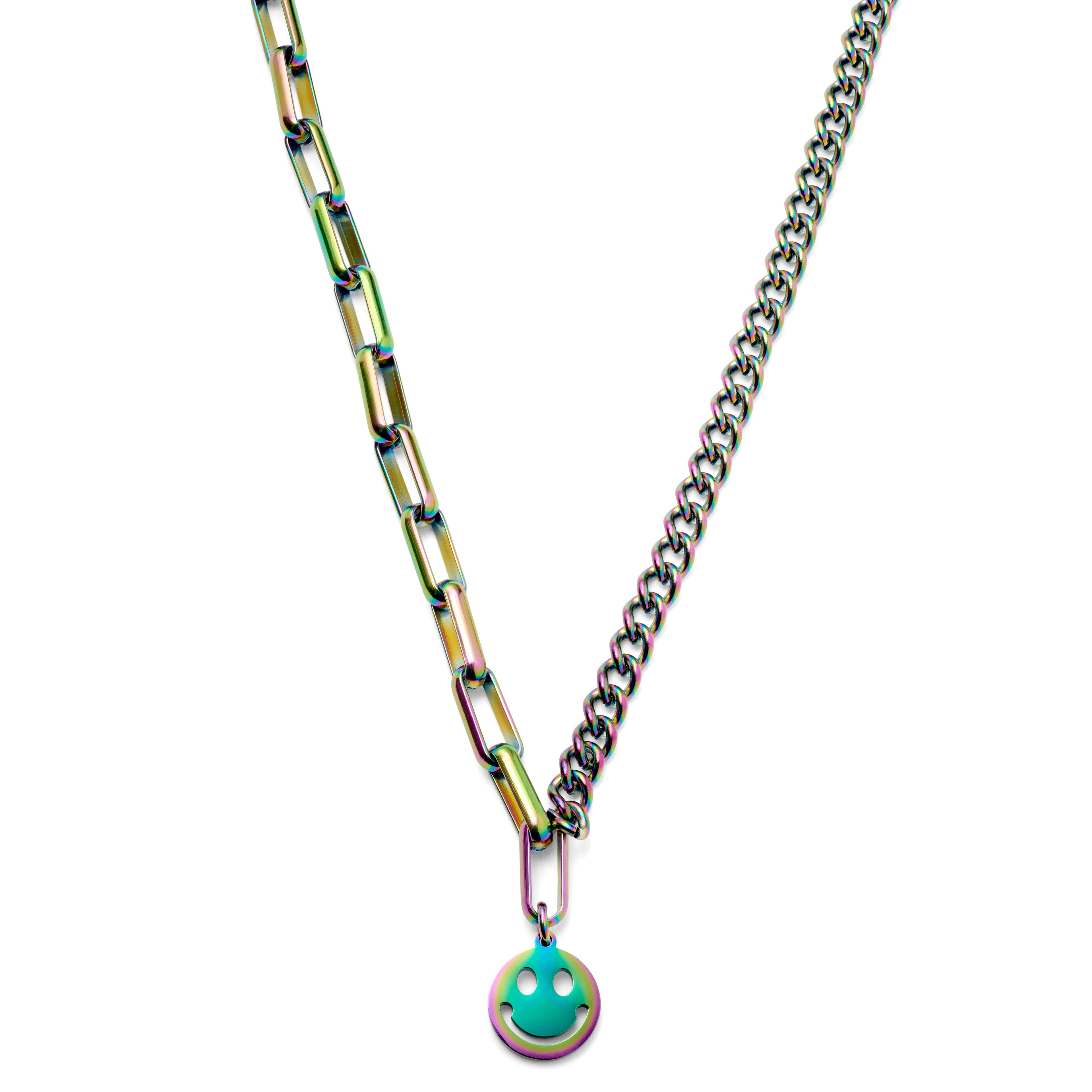 Článkový a prepletaný náhrdelník v dúhovej farbe s príveskom smajlík Caleb Amager 