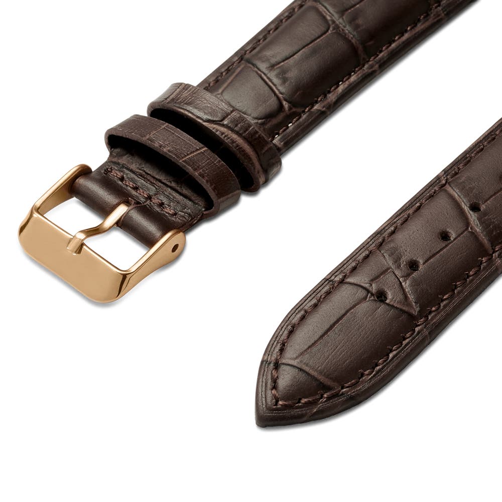 hover: 18mm Crocodile-Embossed Dark-Brown Leather Watch Strap with Rose Gold-Tone Buckle – Quick Release hover: 18mm Crocodile-Embossed Dark-Brown Leather Watch Strap with Rose Gold-Tone Buckle – Quick Release