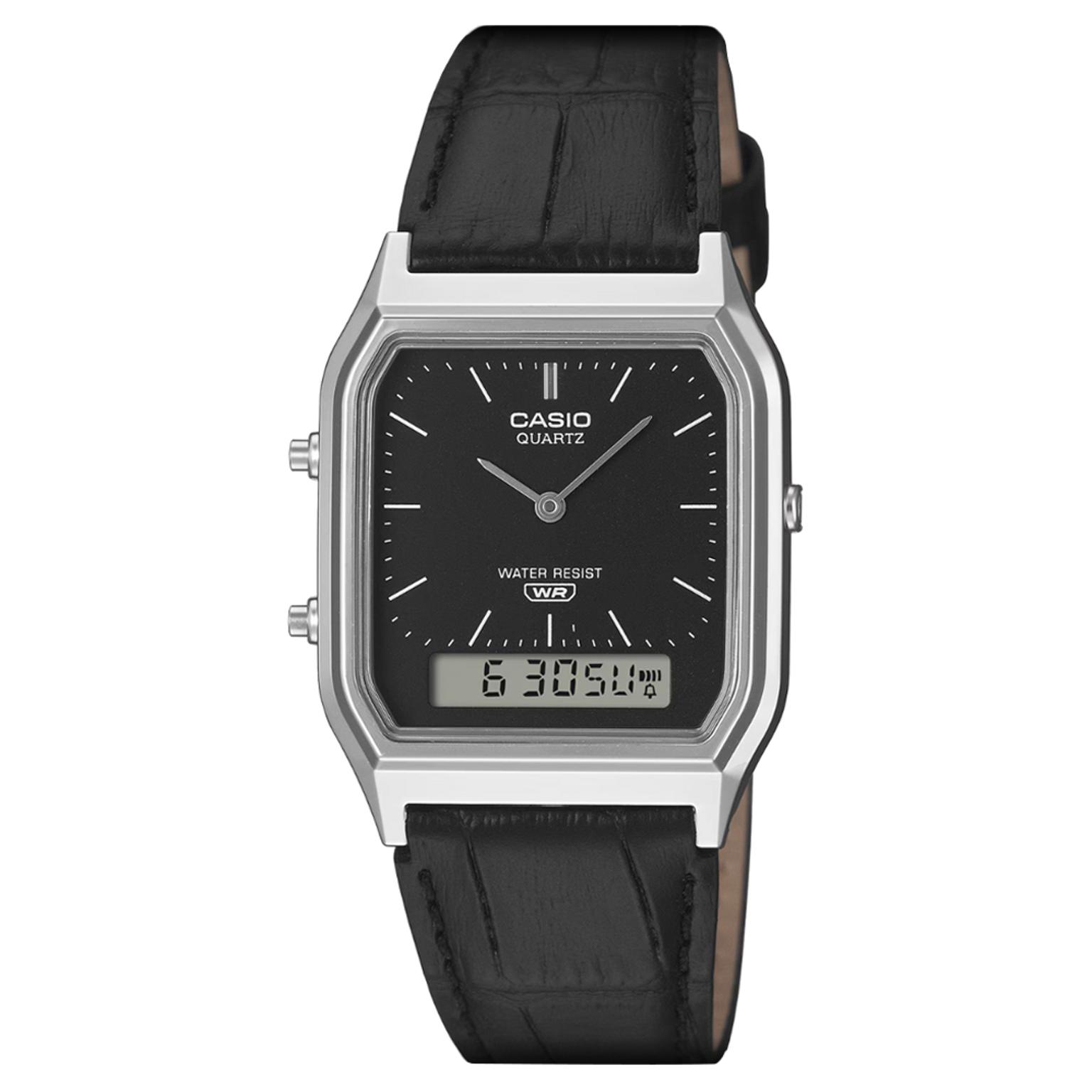 Casio Vintage AQ-230EGL-1AEF sidabro spalvos dervos ir odos analoginis–skaitmeninis laikrodis Casio Vintage AQ-230EGL-1AEF sidabro spalvos dervos ir odos analoginis–skaitmeninis laikrodis