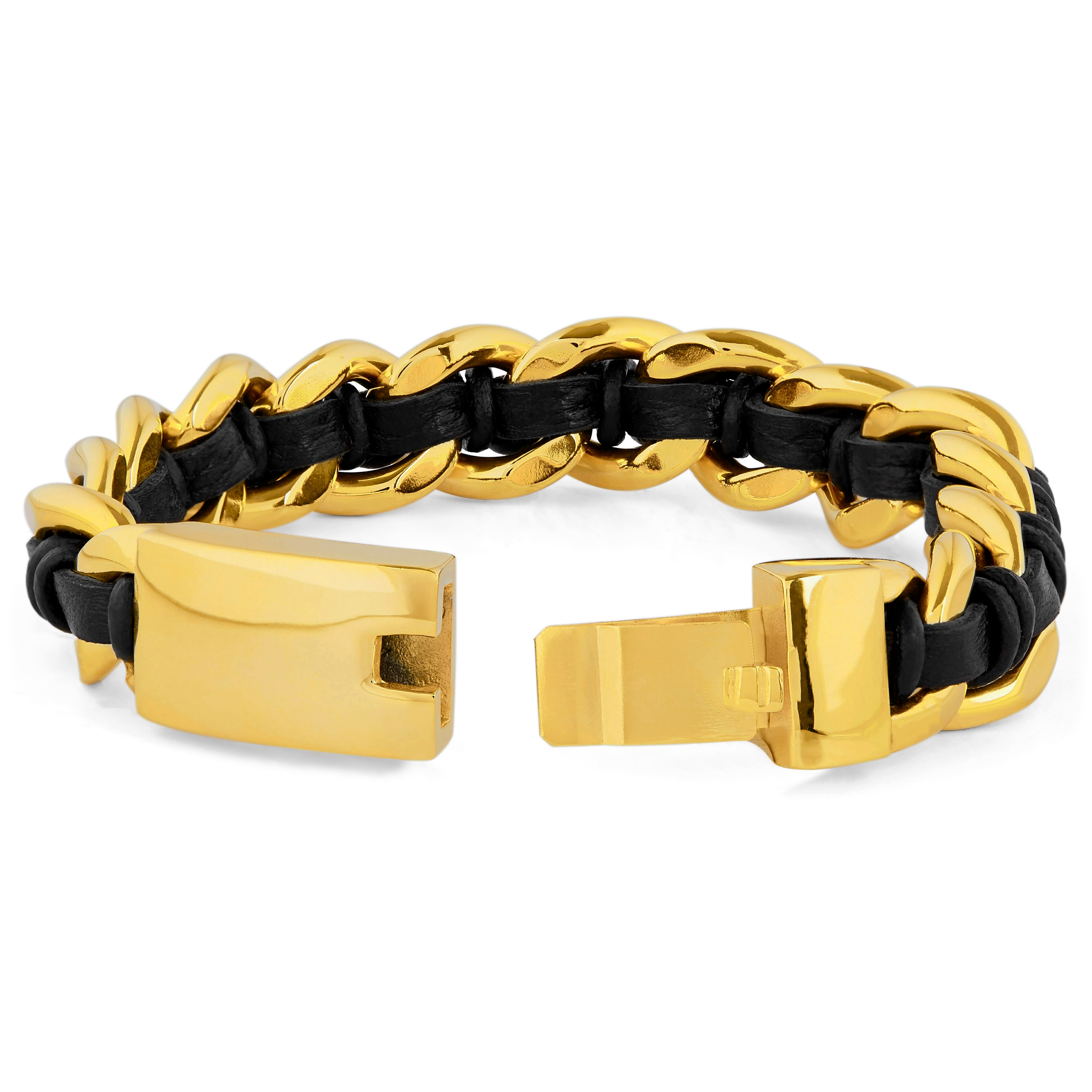 Robuuste Goudkleurige Stalen & Zwarte Leren Armband - 3