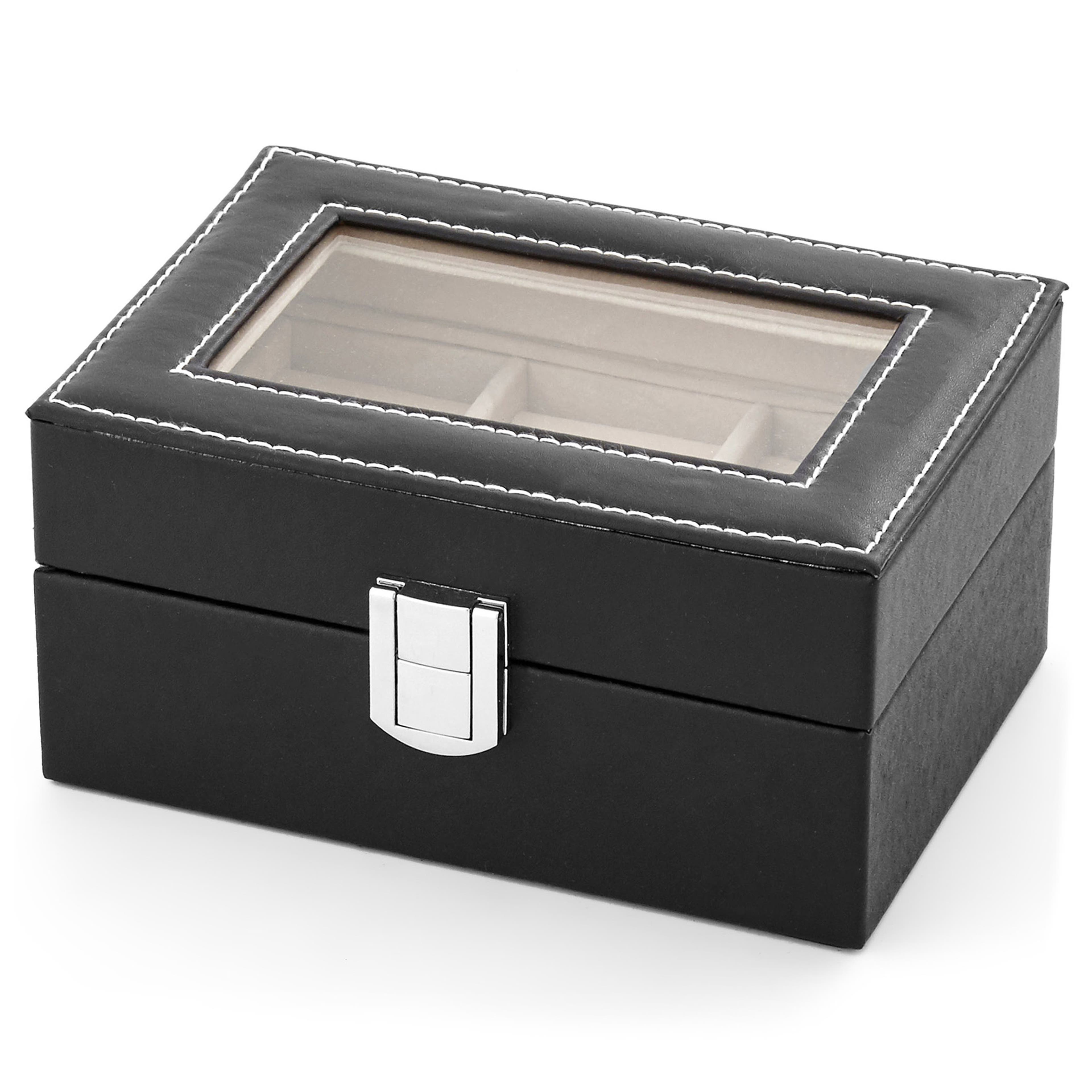Елегантна кутия от черна изкуствена кожа за копчета за ръкавели