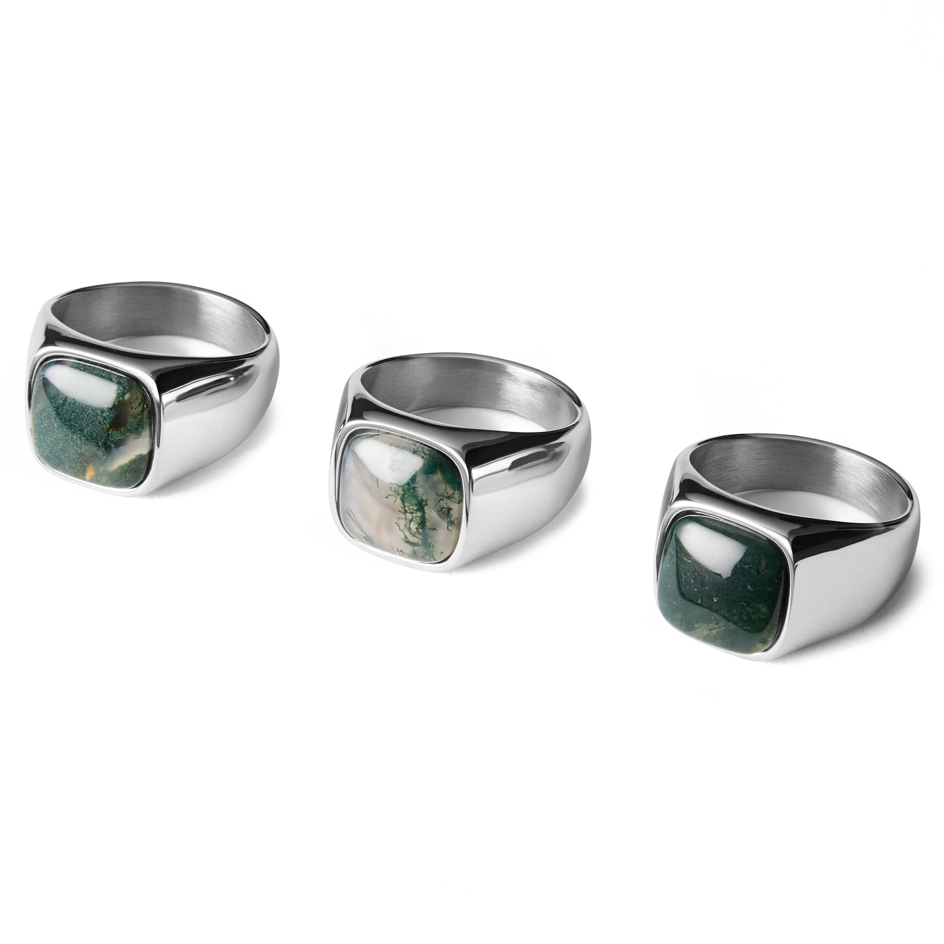 Aras | Silver-tone Stainless Steel Moss Agate Pinky Signet Ring - 6