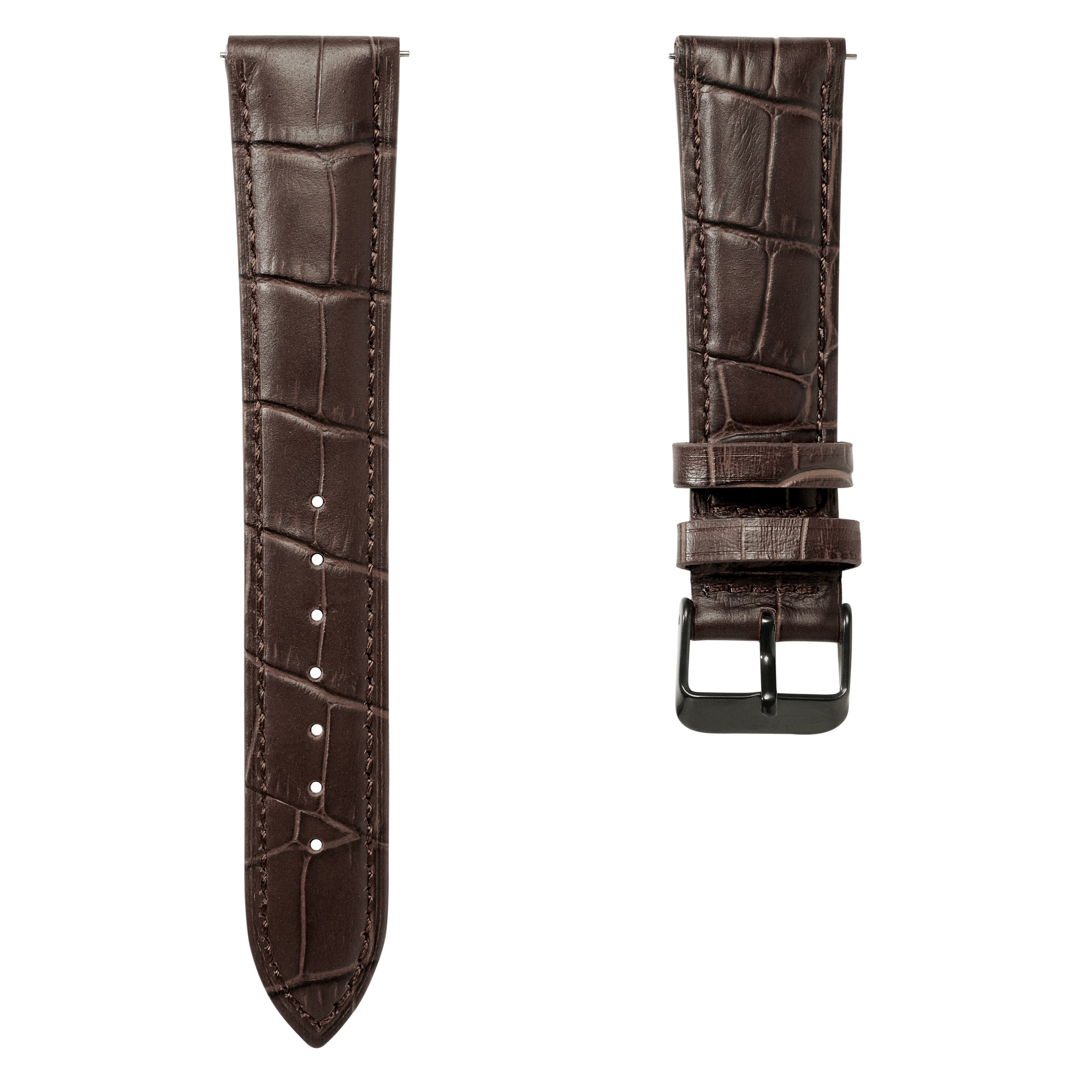 Bracelet de montre en cuir marron foncé gaufré à motif crocodile de 24 mm avec boucle noire - Attache rapide