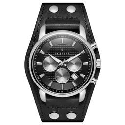 Iphios | Black Leather Cuff Stainless Steel Chronograph Watch