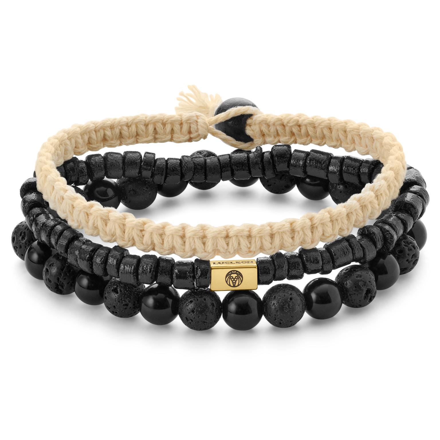 Armbandenset van Zwarte en Beige Lavasteen, Onyx, Kokosnoot en Goudkleurig Staal Armbandenset van Zwarte en Beige Lavasteen, Onyx, Kokosnoot en Goudkleurig Staal