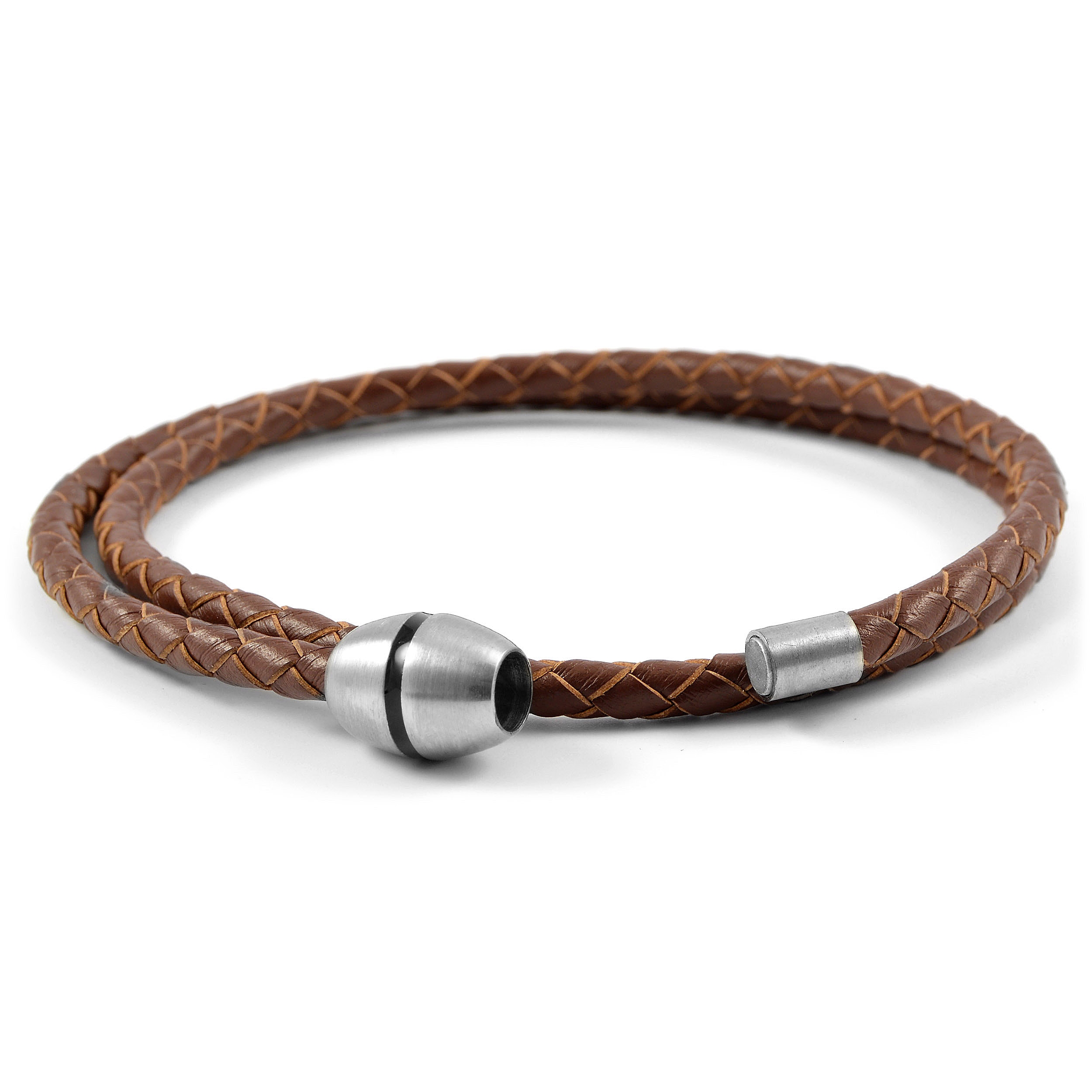 Brown Braided Leather & Stainless Steel Wrap Bracelet - 4