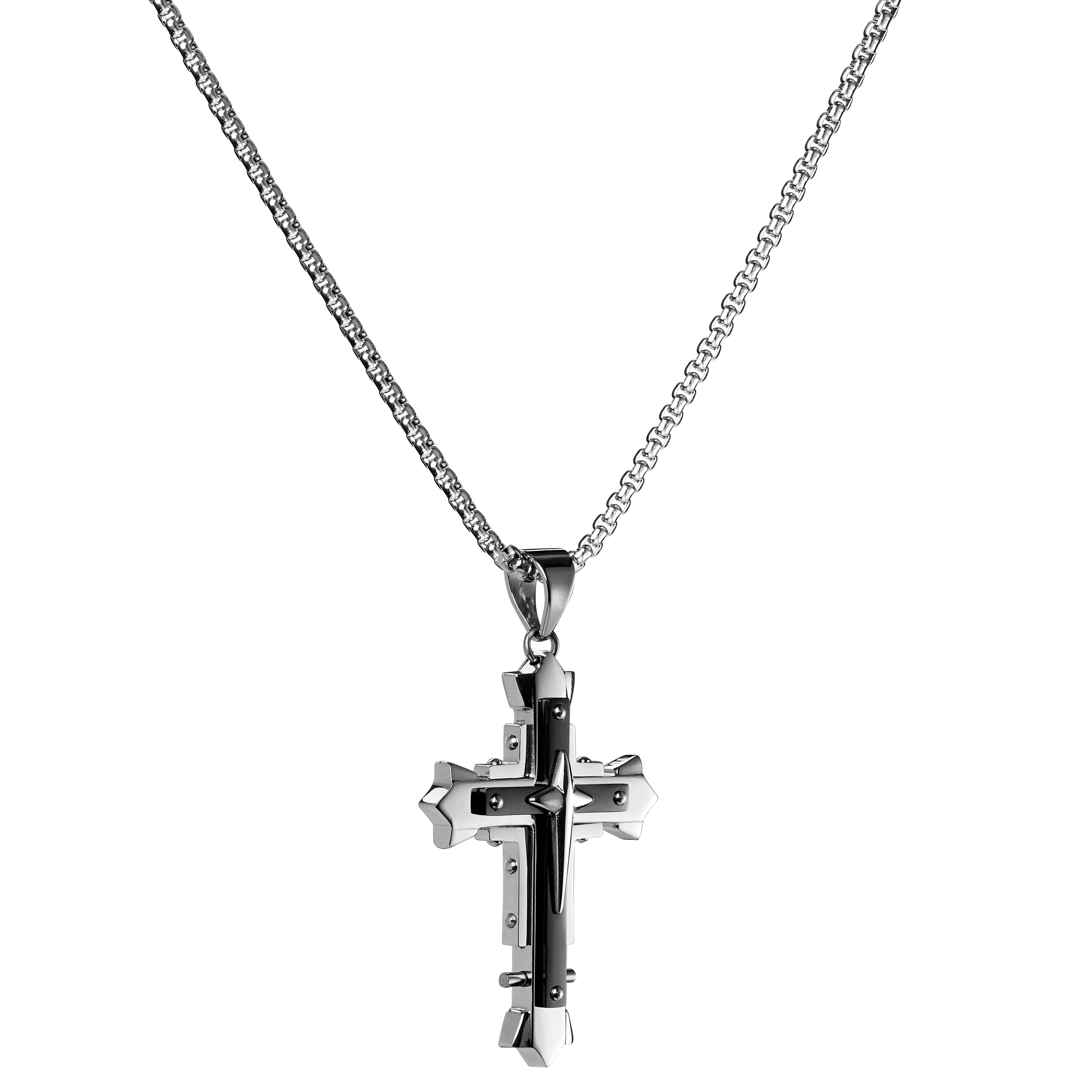 Silver-Tone & Black Stainless Steel Riveted Cross Box Chain Necklace - 3