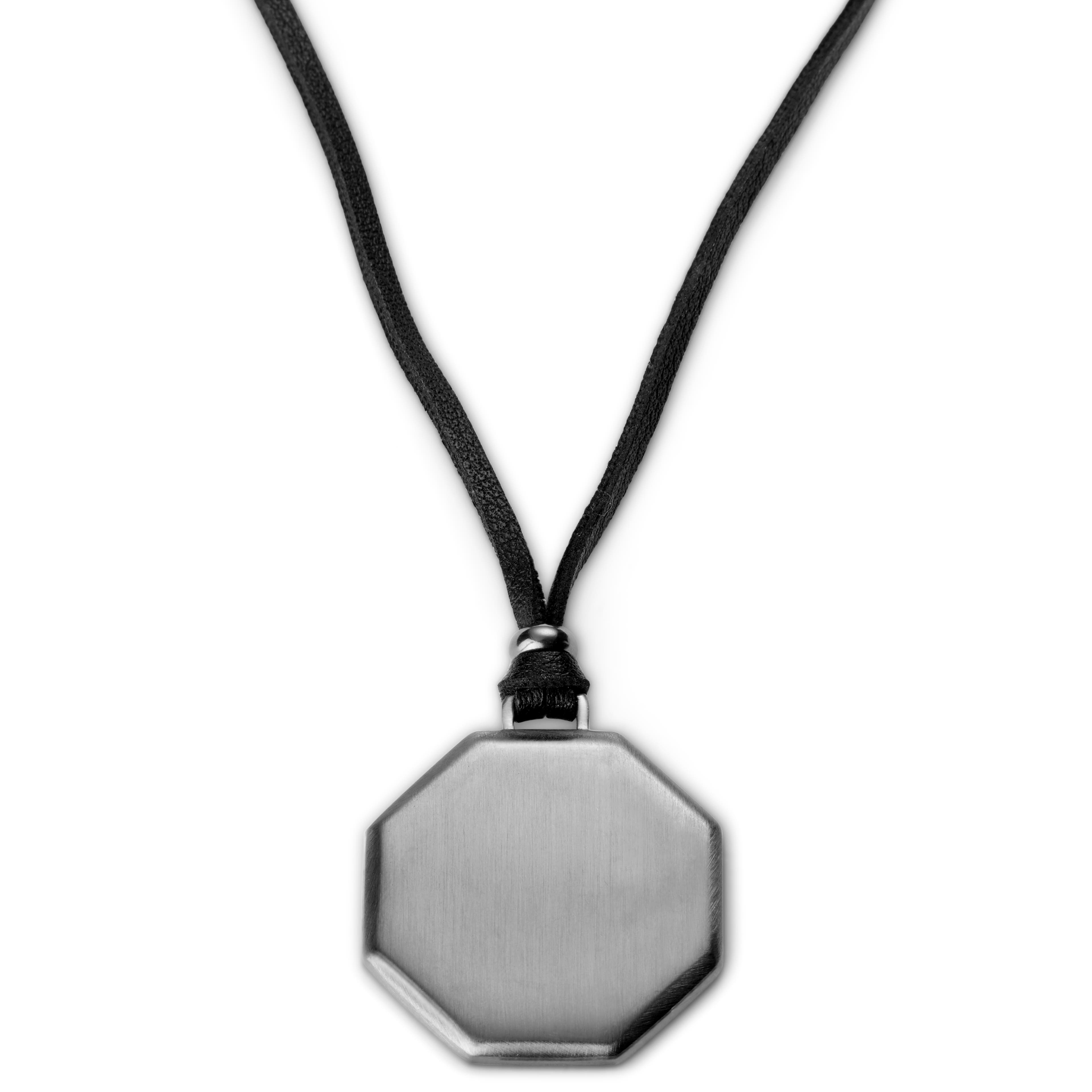 Gunmetal Stainless Steel Octagonal Plate & Black Rope Necklace