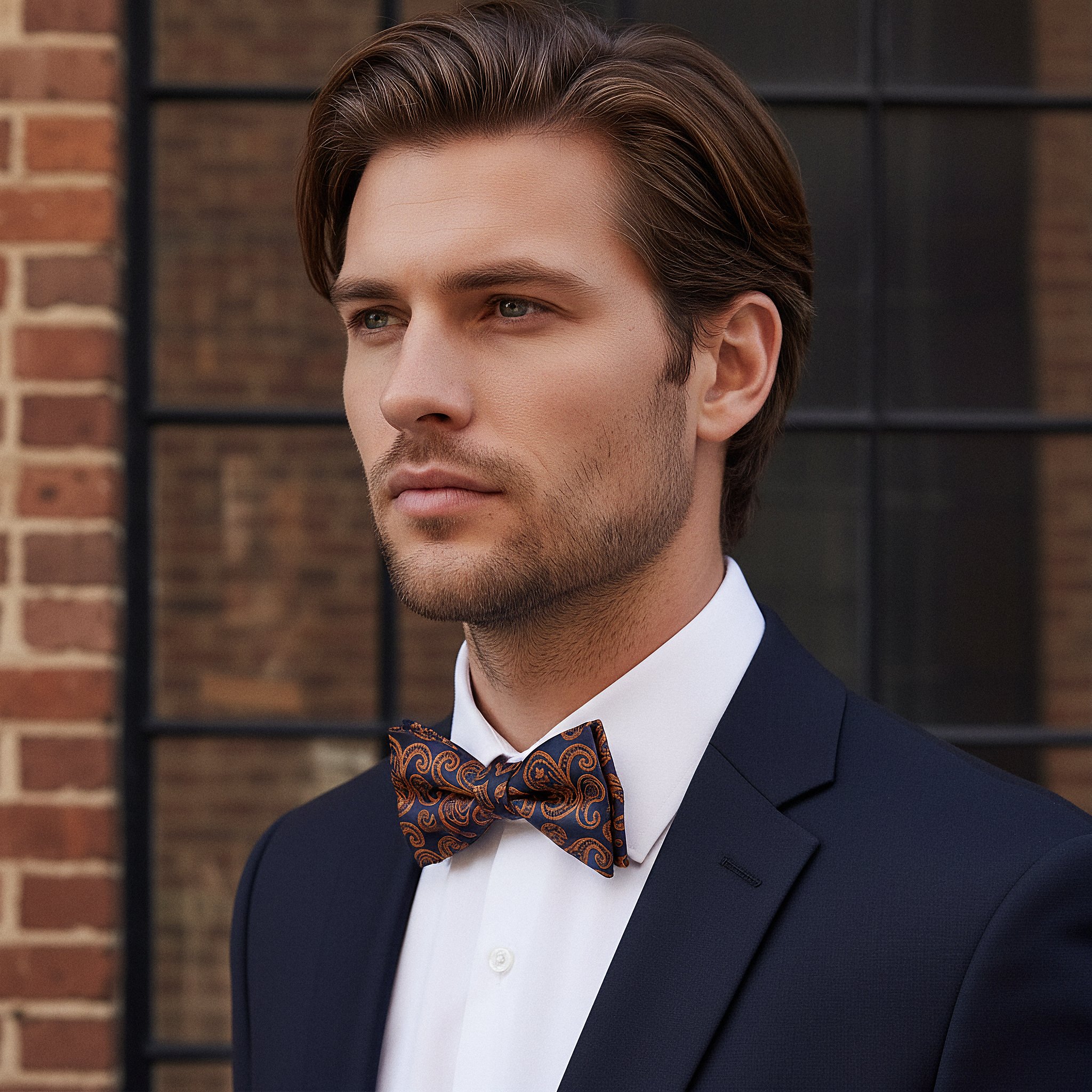 Navy & Orange Paisley Self-Tie Bow Tie - 3