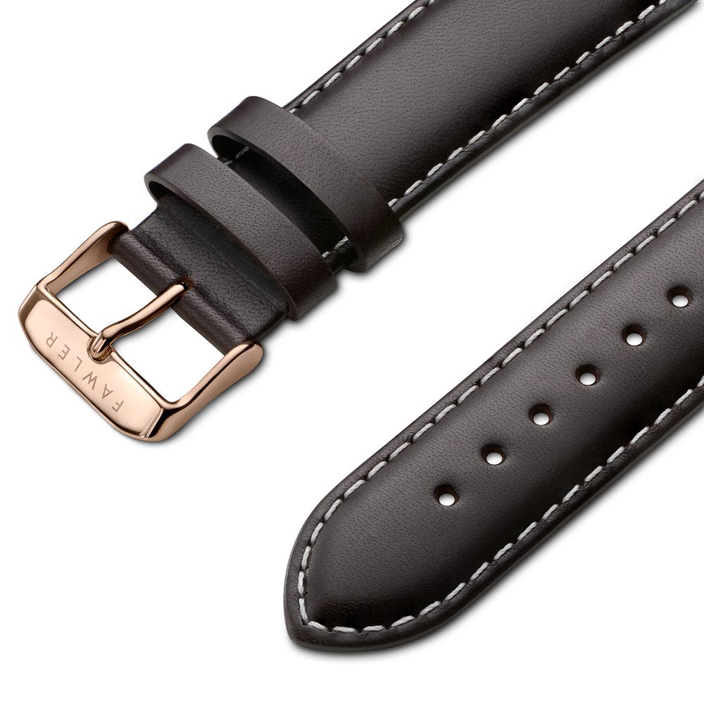 hover: Brown 7/8" (22 mm) Leather Watch Strap With White Stitching & Rose Gold-tone Buckle hover: Brown 7/8" (22 mm) Leather Watch Strap With White Stitching & Rose Gold-tone Buckle