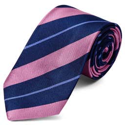 Corbata de 8 cm de seda azul marino con rayas en azul pastel y rosa