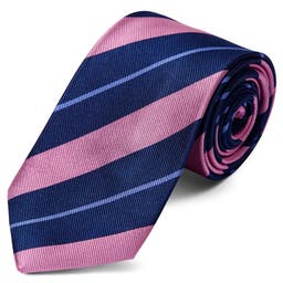Cravată 8 cm din mătase cu dungi bleumarin, albastru pastel și roz