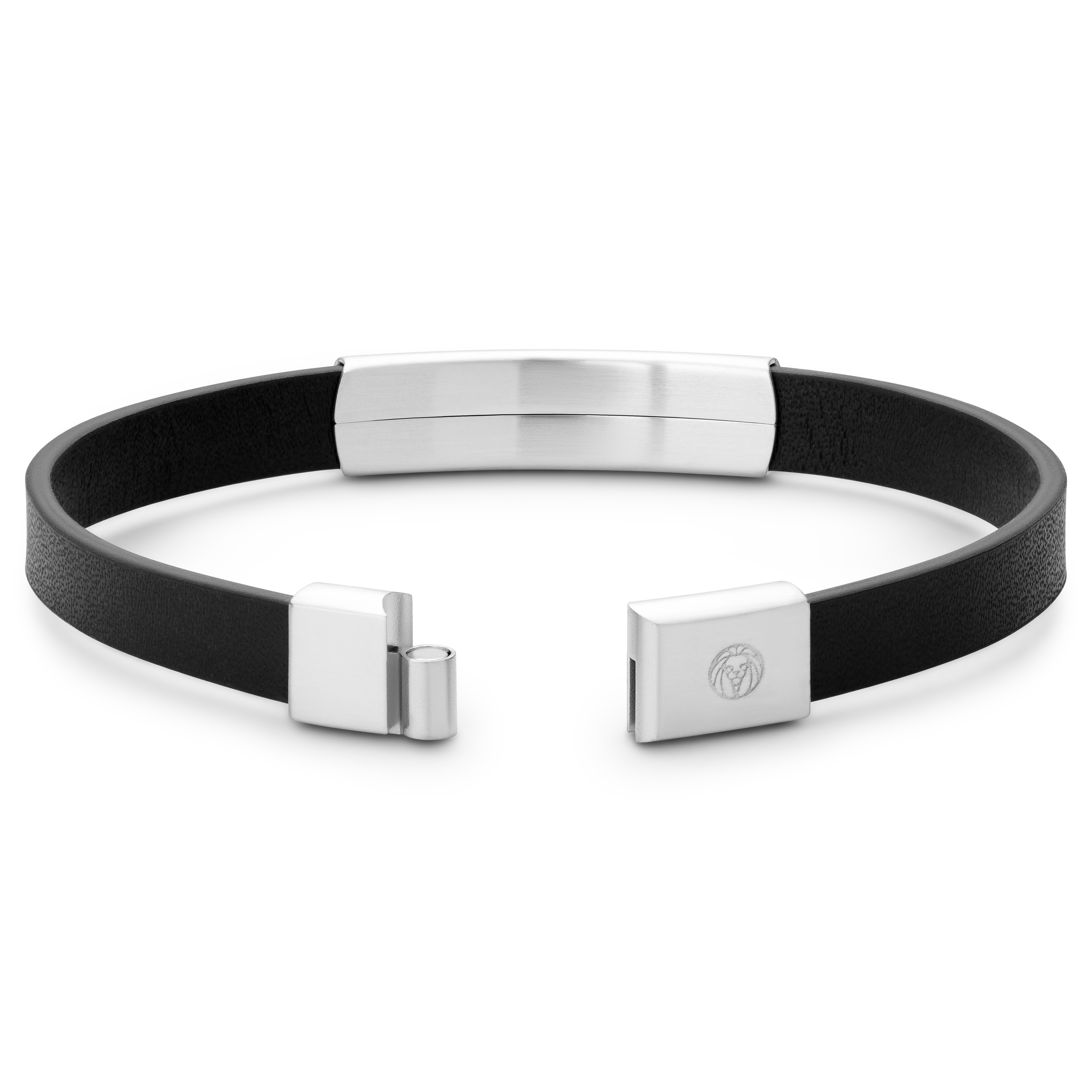 Nomen |  Bracelet en cuir noir avec plaque d'identification rayée en métal argenté - 4