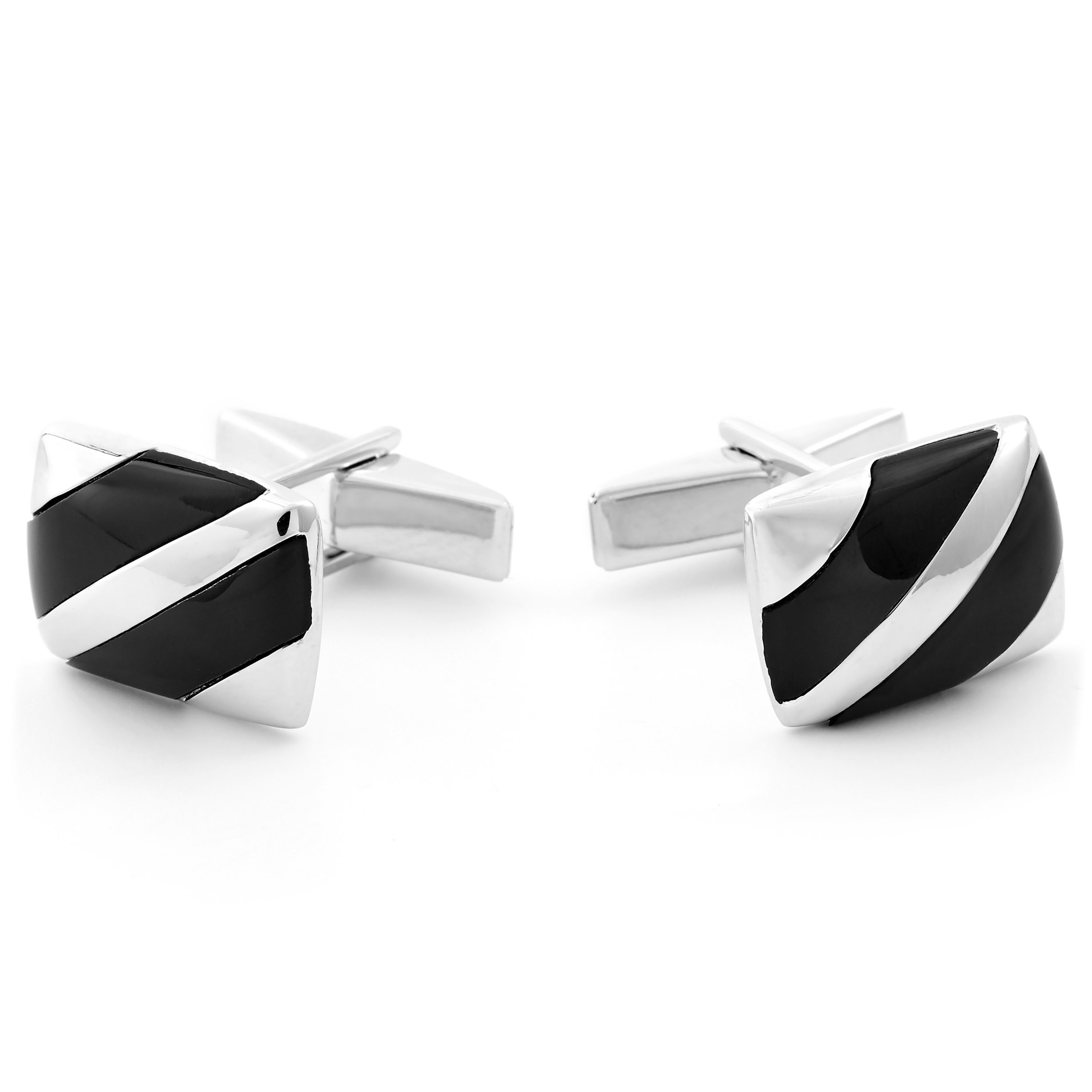 Diagonally Striped 925s Silver Cufflinks and Tie Clip Set - 2