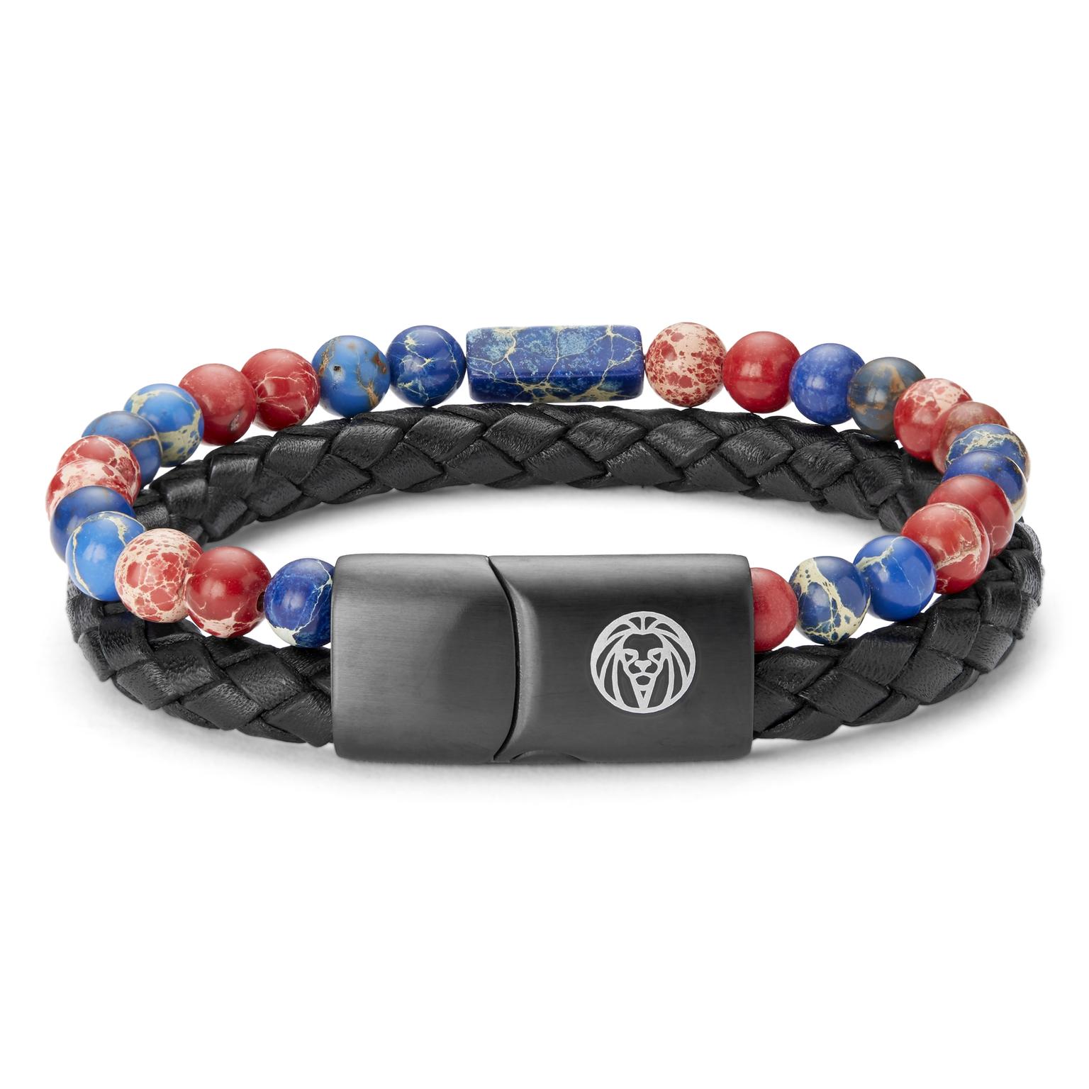 Pulsera de cuero y jaspe rojo y azul Icon Pulsera de cuero y jaspe rojo y azul Icon