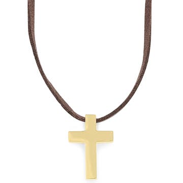Collana in pelle con pendente dorato a forma di croce