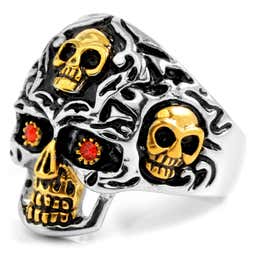 Black, SIlver- & Gold-Tone Stainless Steel with Red Zirconia Skull Ring