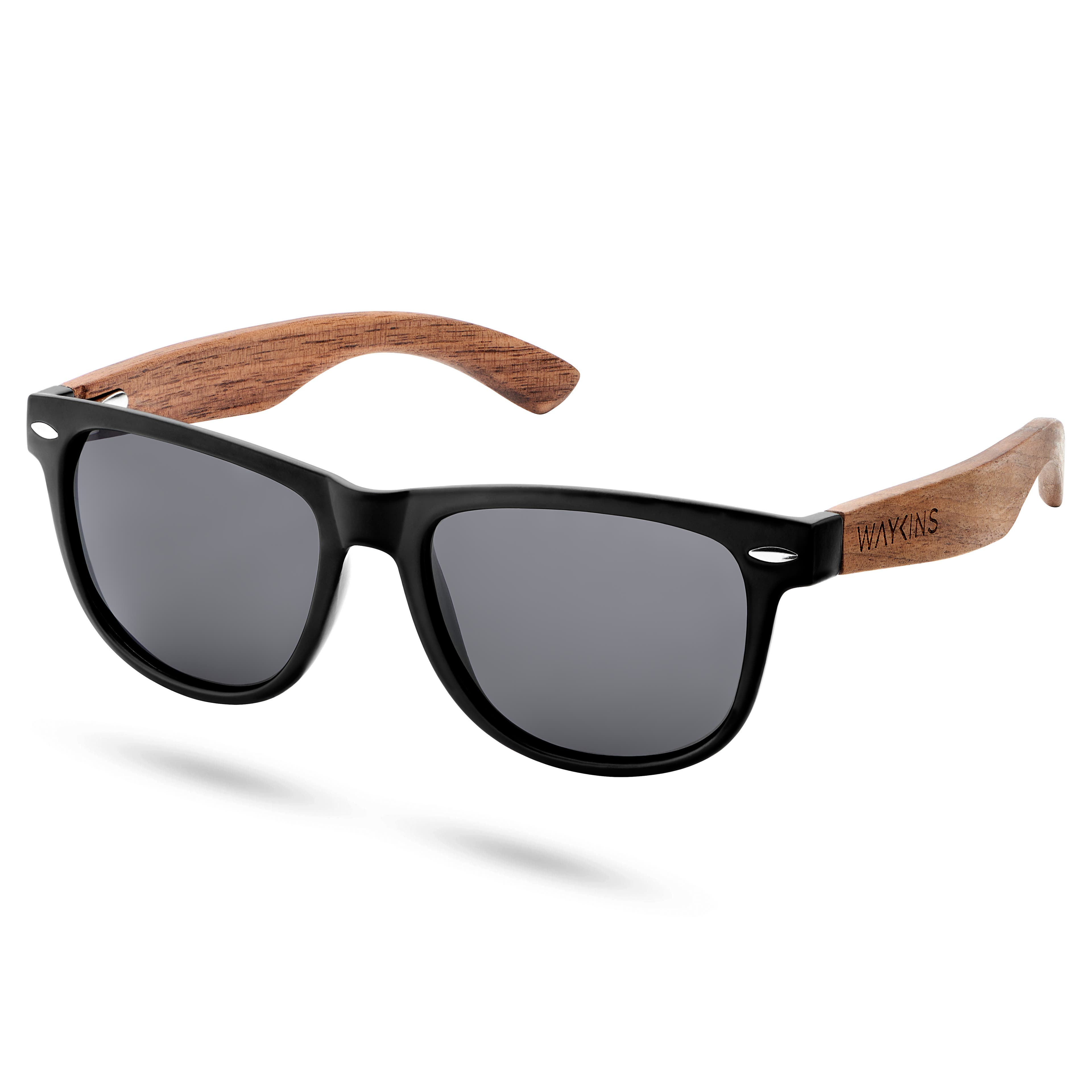 Ochelari de soare retro negri cu lentile polarizate și brațe din lemn