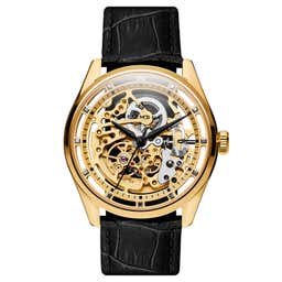 Motus | Gold-Tone Automatic Skeleton Watch With Black Leather Strap