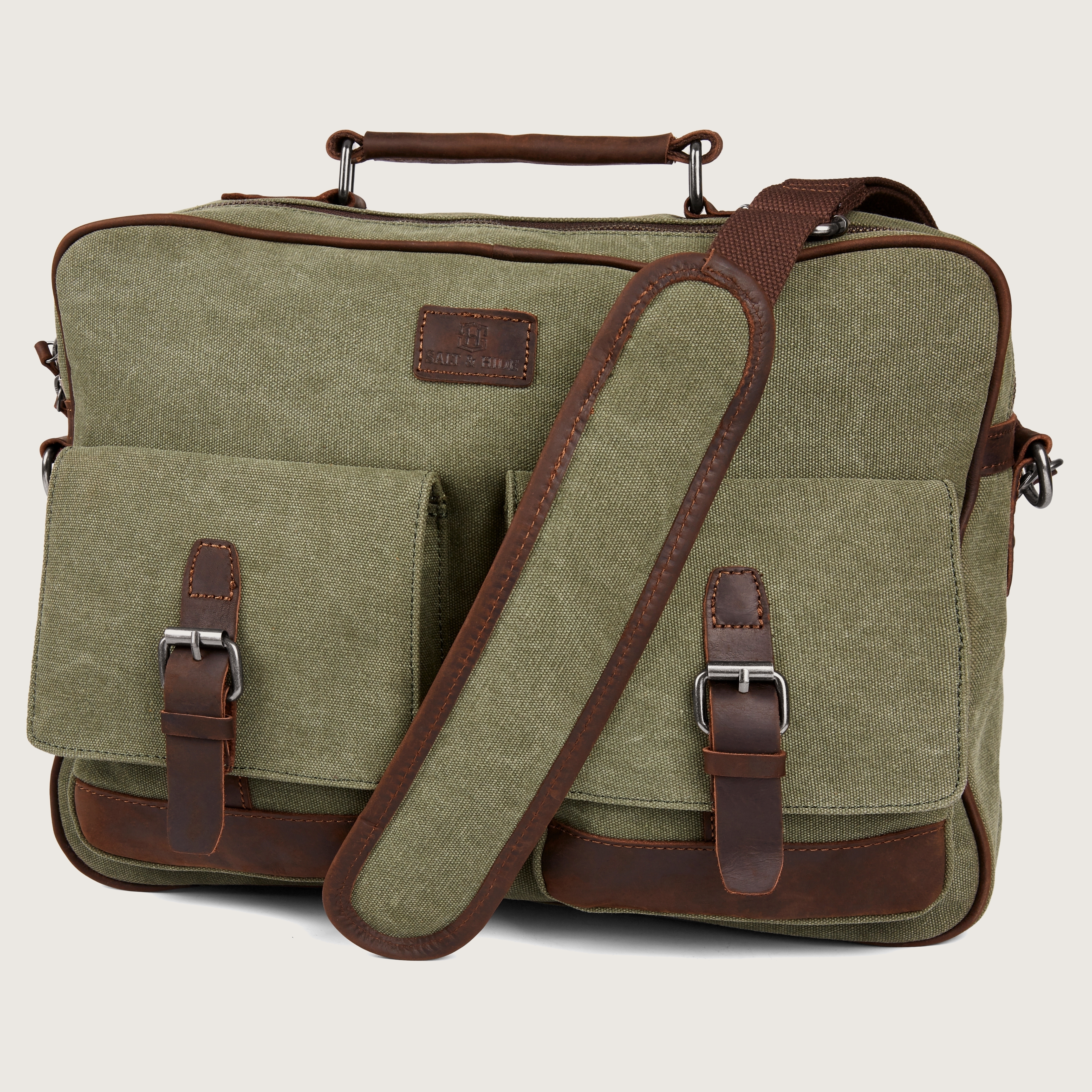 Tarpa | Olive Green & Dark Brown Canvas Messenger Bag | In stock