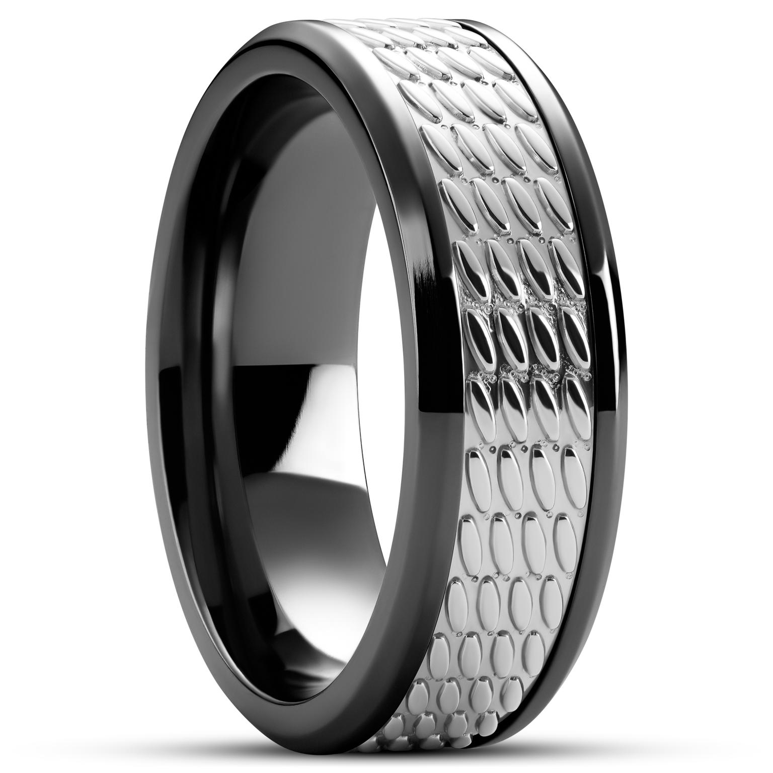 Hyperan | 8mm ブラック チタンリング シルバー調 オーバルパターン付き Hyperan | 8mm ブラック チタンリング シルバー調 オーバルパターン付き