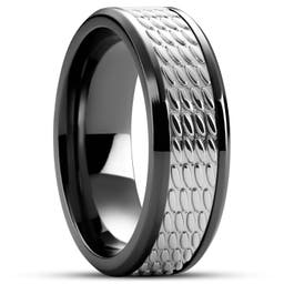 Hyperan | Anillo de titanio negro con patrón ovalado plateado de 8 mm