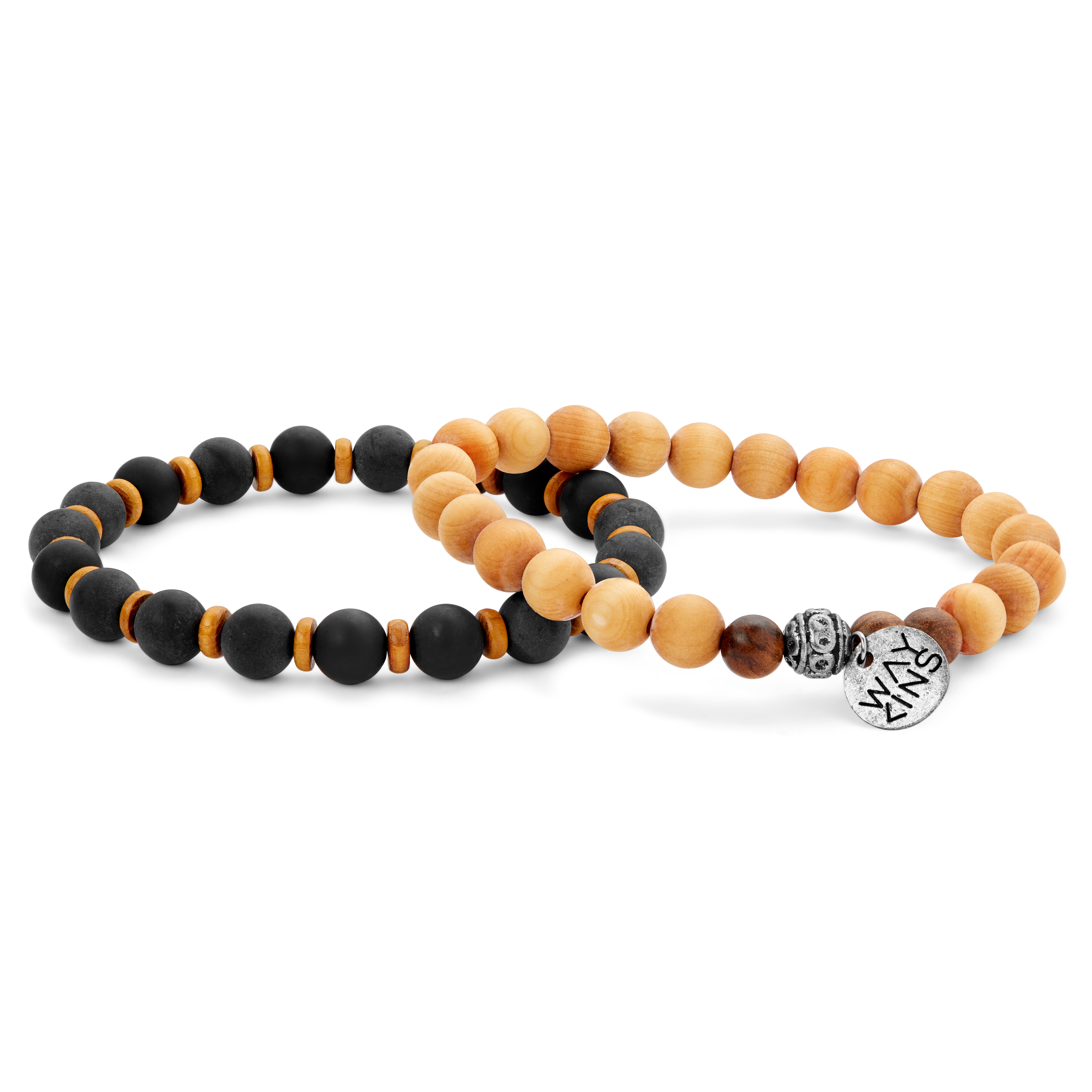 Wave  | Matte Black & Light Wooden Bracelet Set - 2