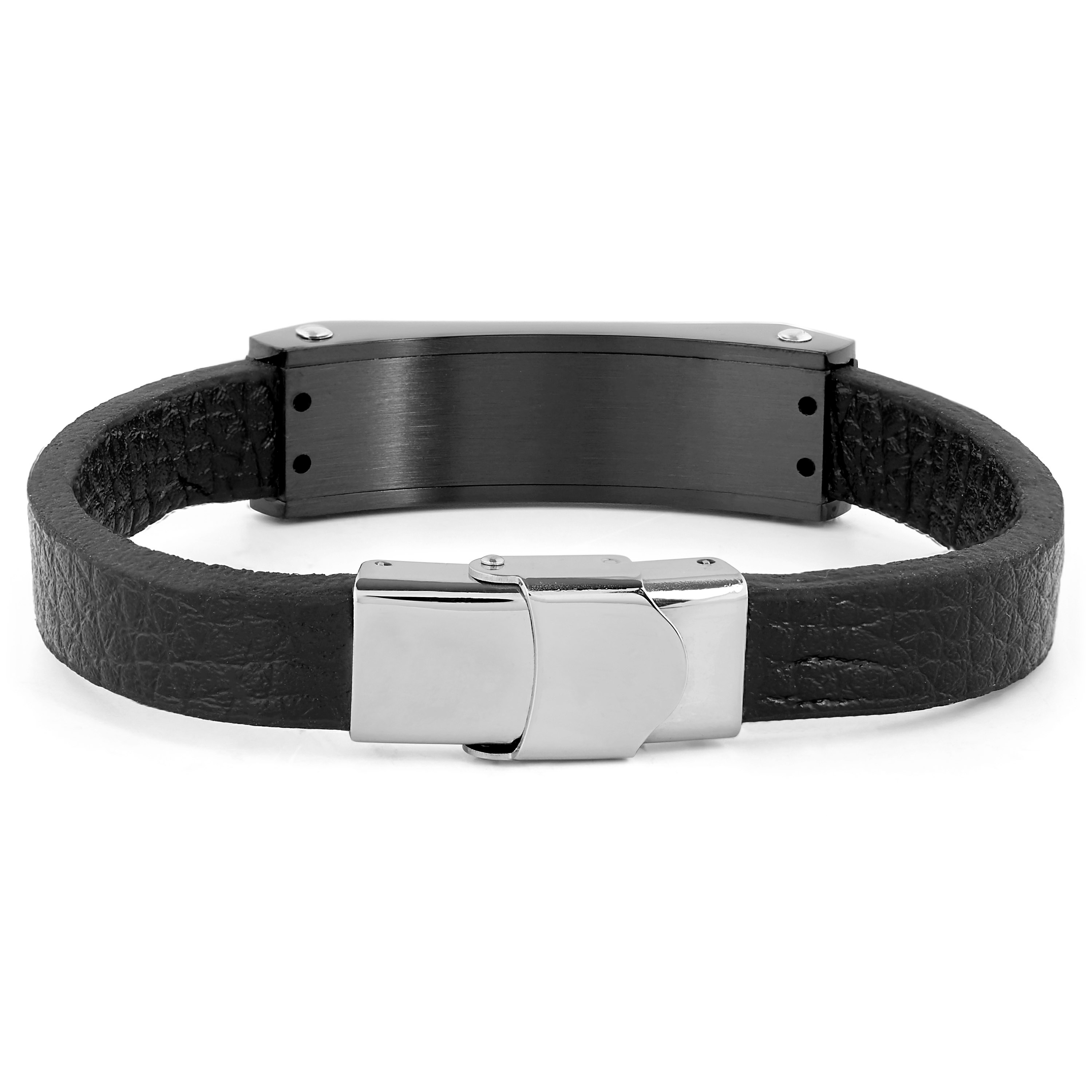 Blandat Stål & Svart Läderarmband - 2
