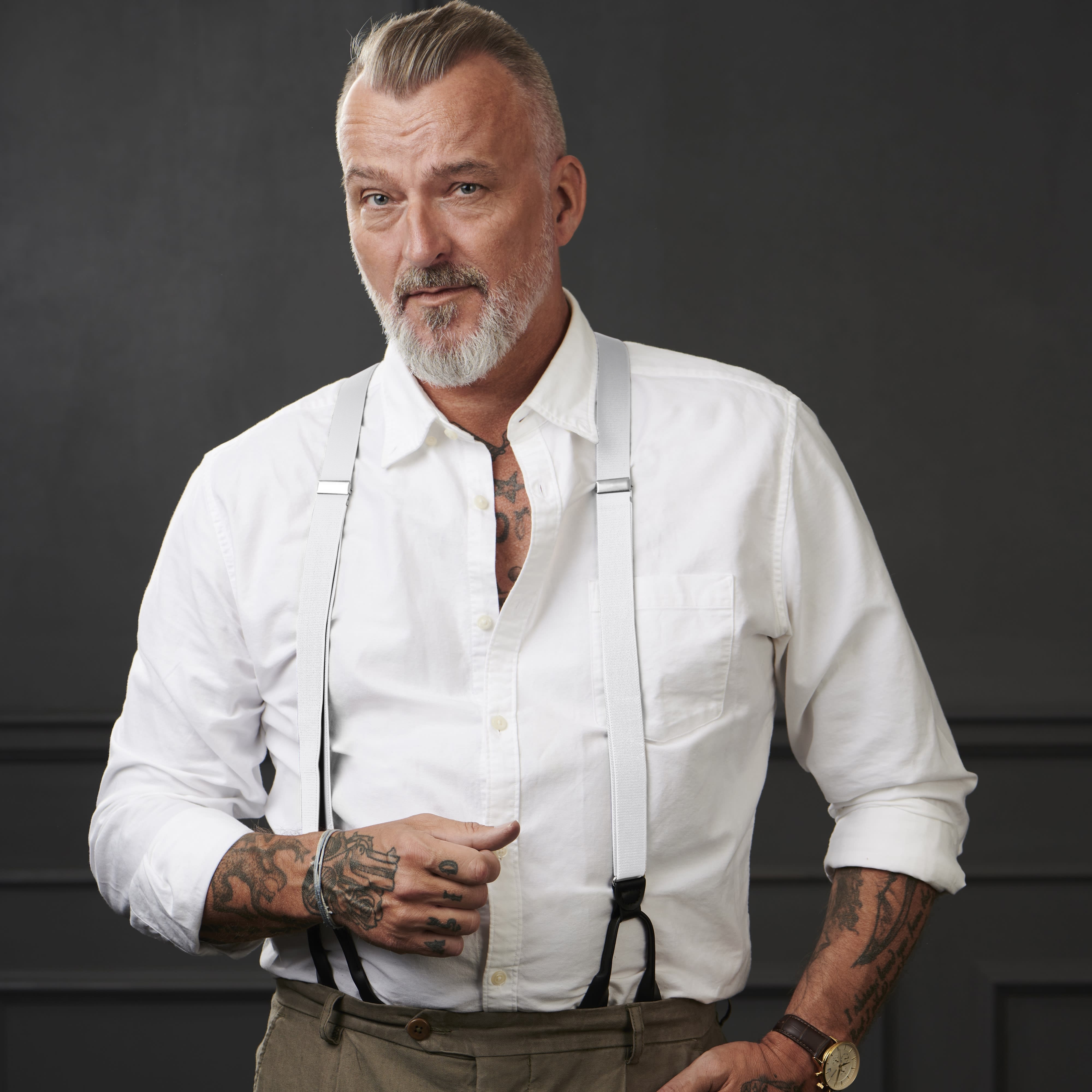 Split White Split Button Suspenders - 6