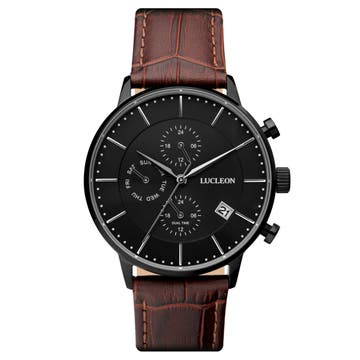 Ternion | Black Dual-Time Watch With Black Dial & Rust Leather Strap