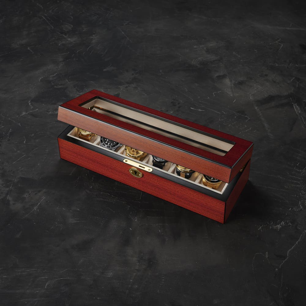 hover: Lockable Gold-Tone & Cherry Wood Watch Case - 6 Watches hover: Lockable Gold-Tone & Cherry Wood Watch Case - 6 Watches