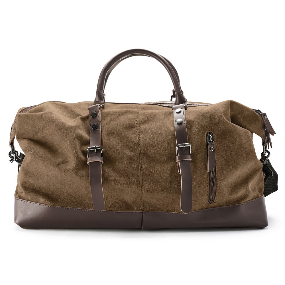 hover: Vintage Caramel Canvas and Brown Leather Duffel Bag hover: Vintage Caramel Canvas and Brown Leather Duffel Bag