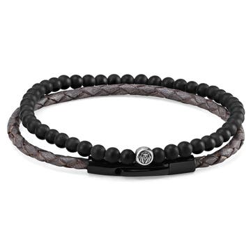Grey Leather & Matte Black Stone Bracelet Set
