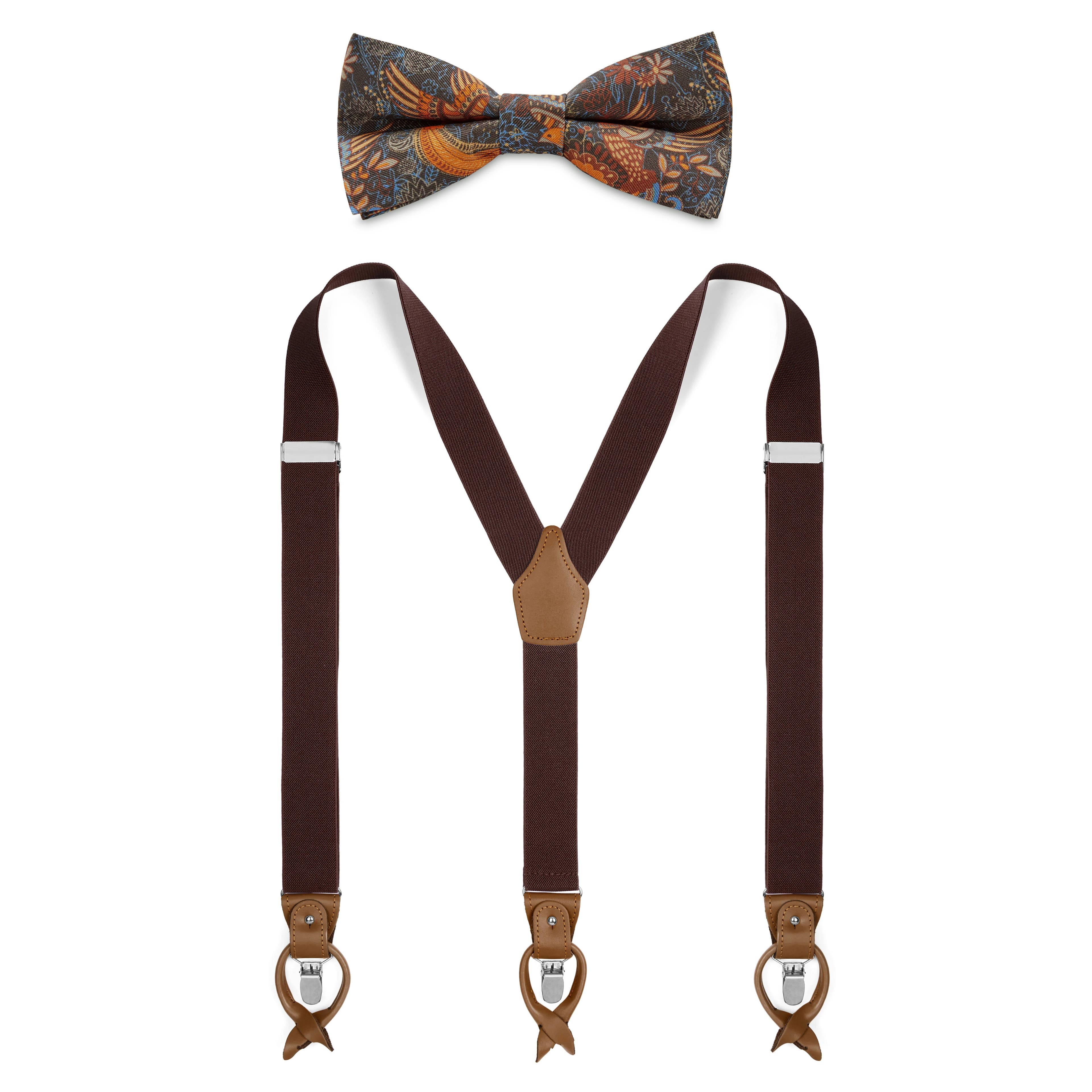Brown Pre-Tied Silk Bow Tie and Braces Set