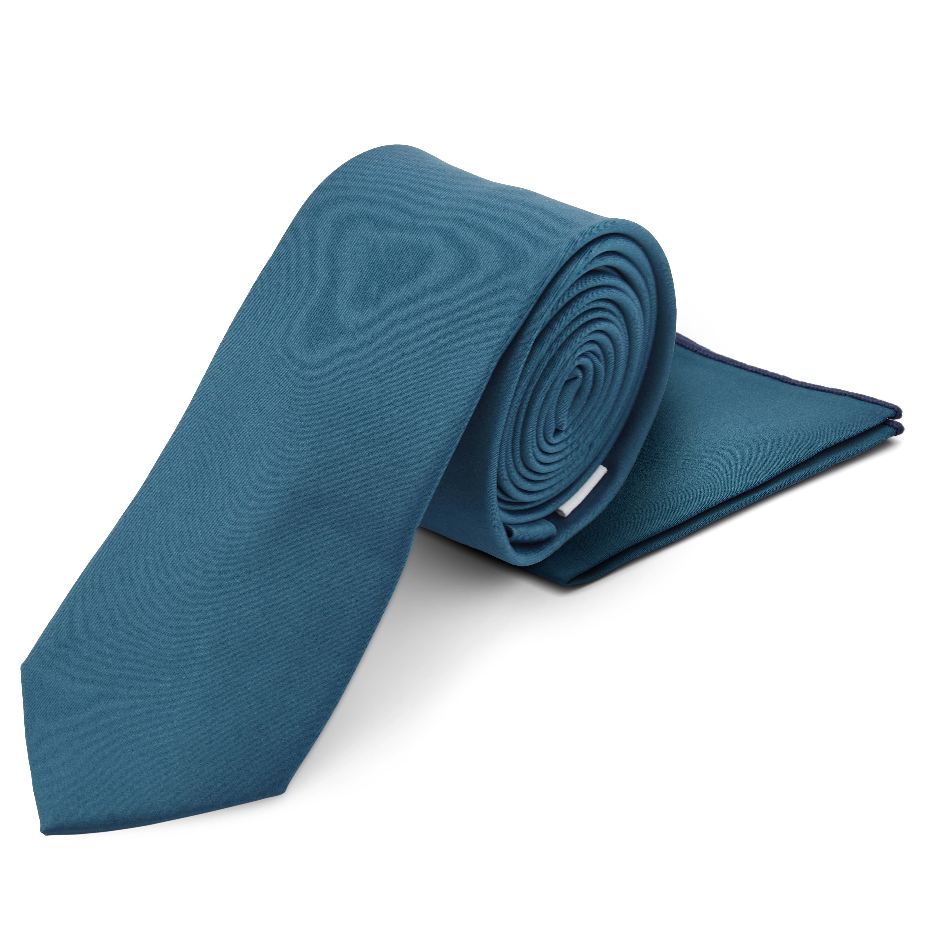Cravatta e fazzoletto da taschino blu petrolio