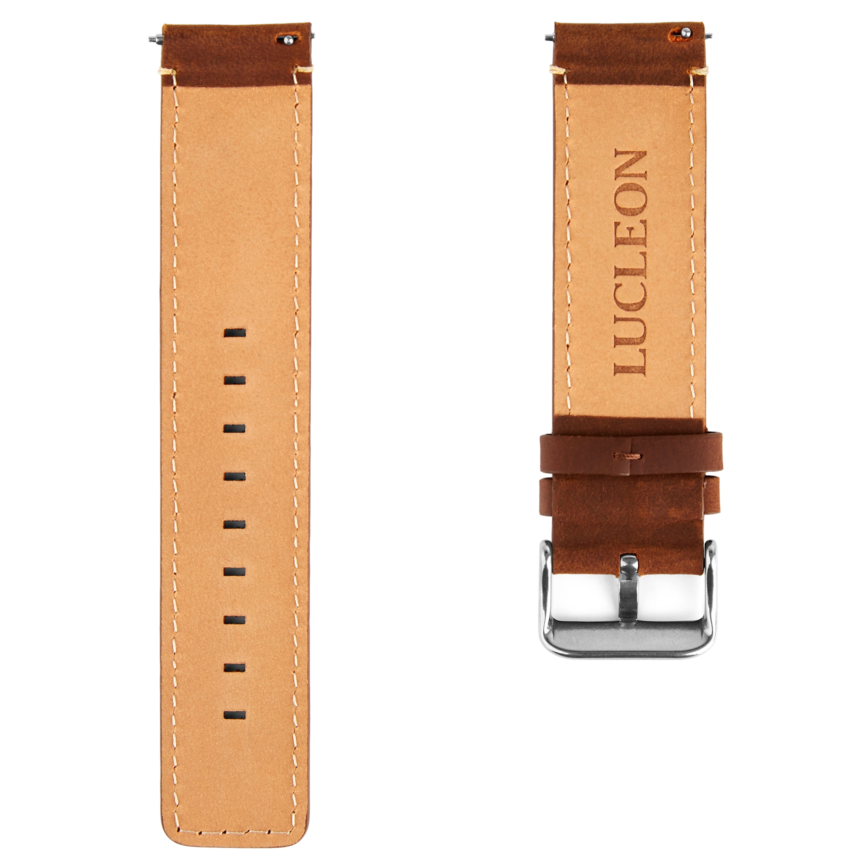 Tan & Silver-Tone Watch Strap with Cream Stitches - 3