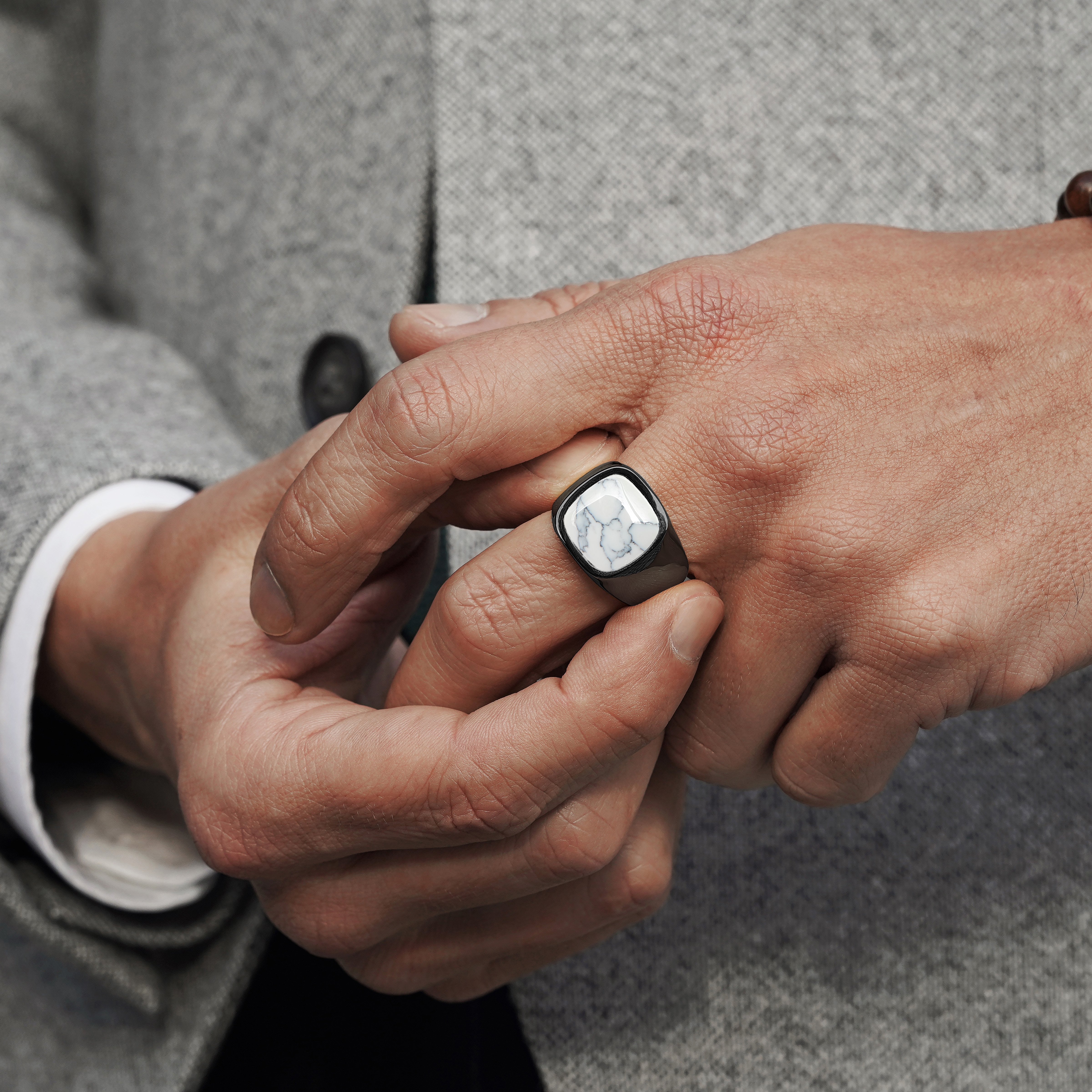 Gravel | Gunmetal Stainless Steel With Howlite Signet Ring - 4