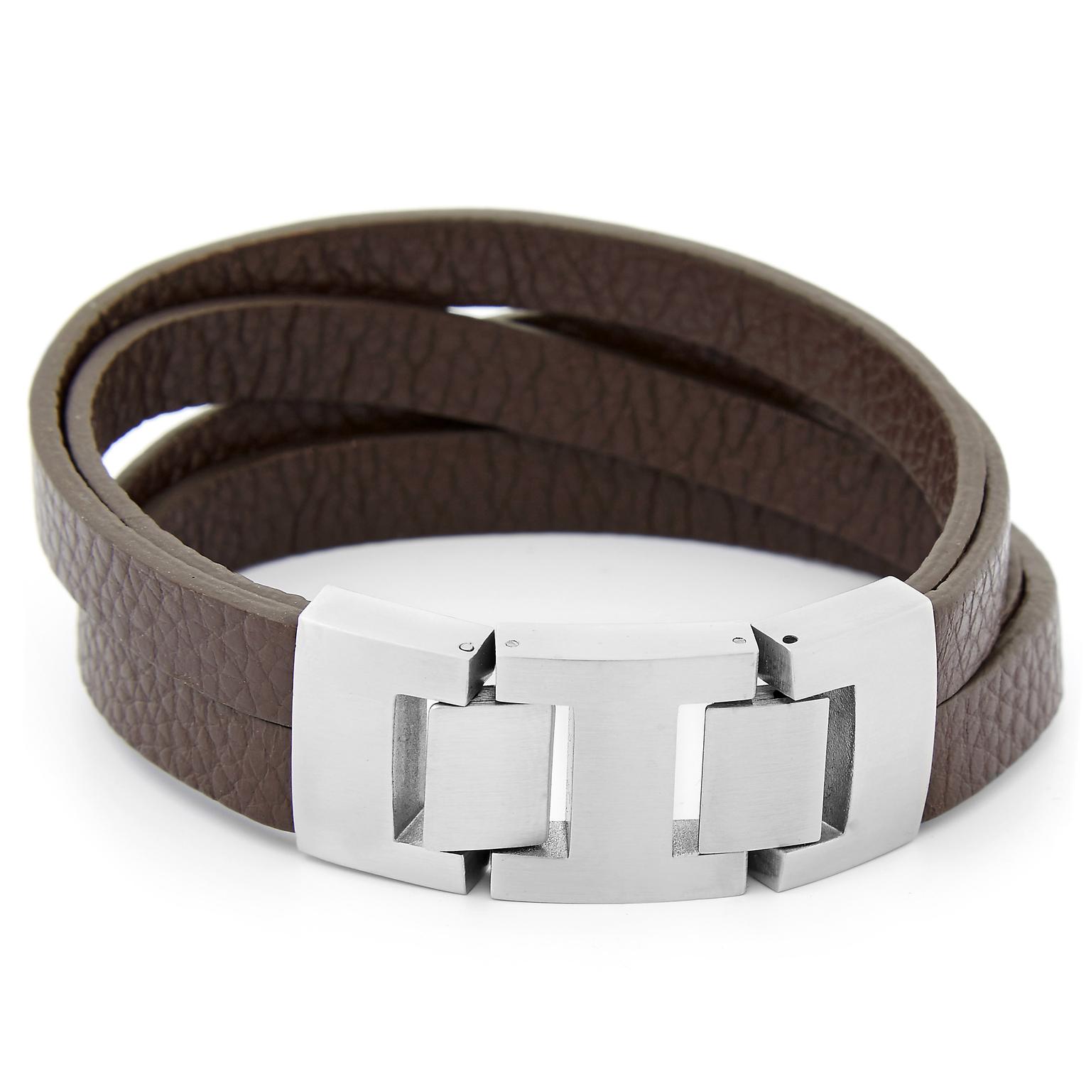 Brown Leather Strip & Stainless Steel Bracelet Brown Leather Strip & Stainless Steel Bracelet