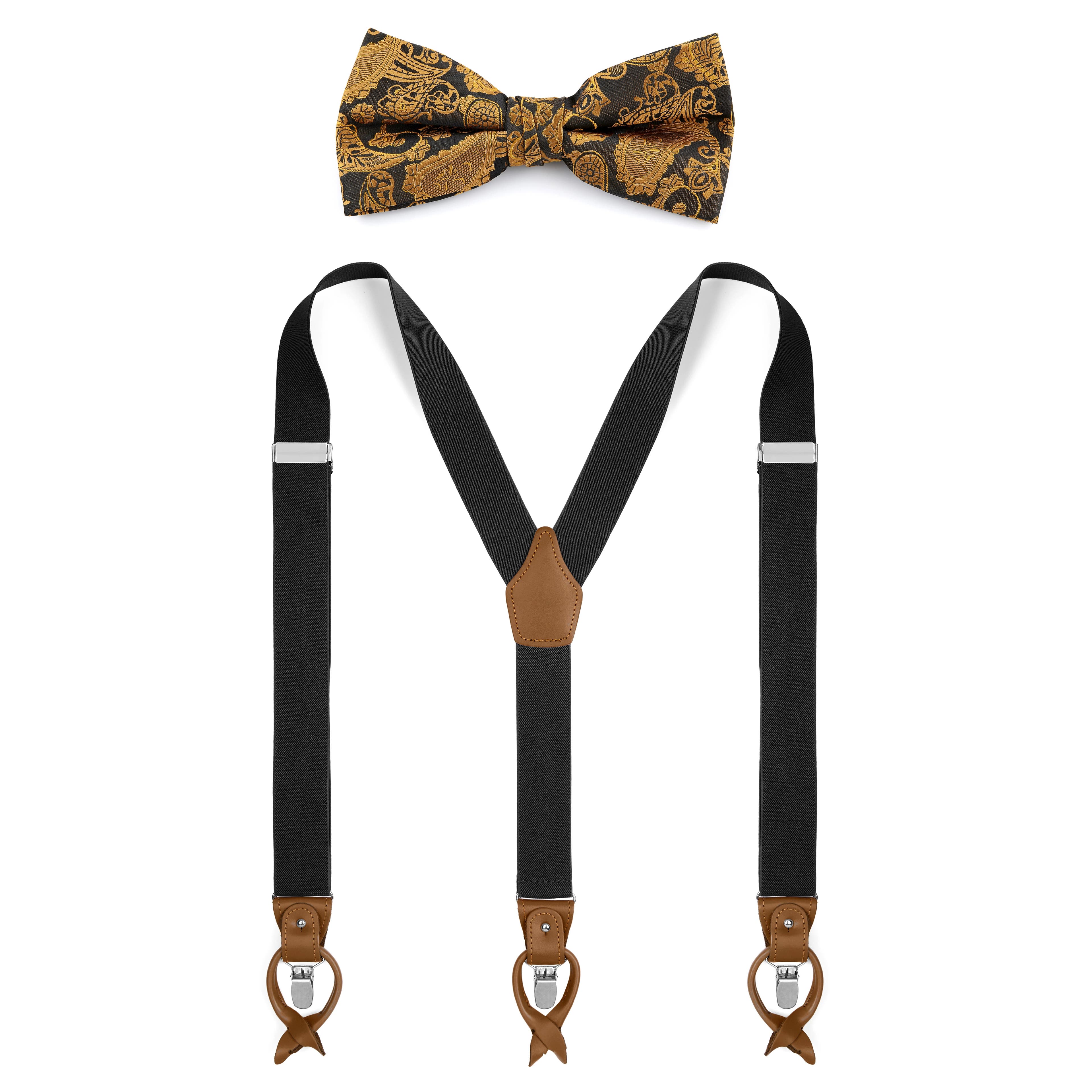 Golden Pre-Tied Bow Tie and Black Braces Set