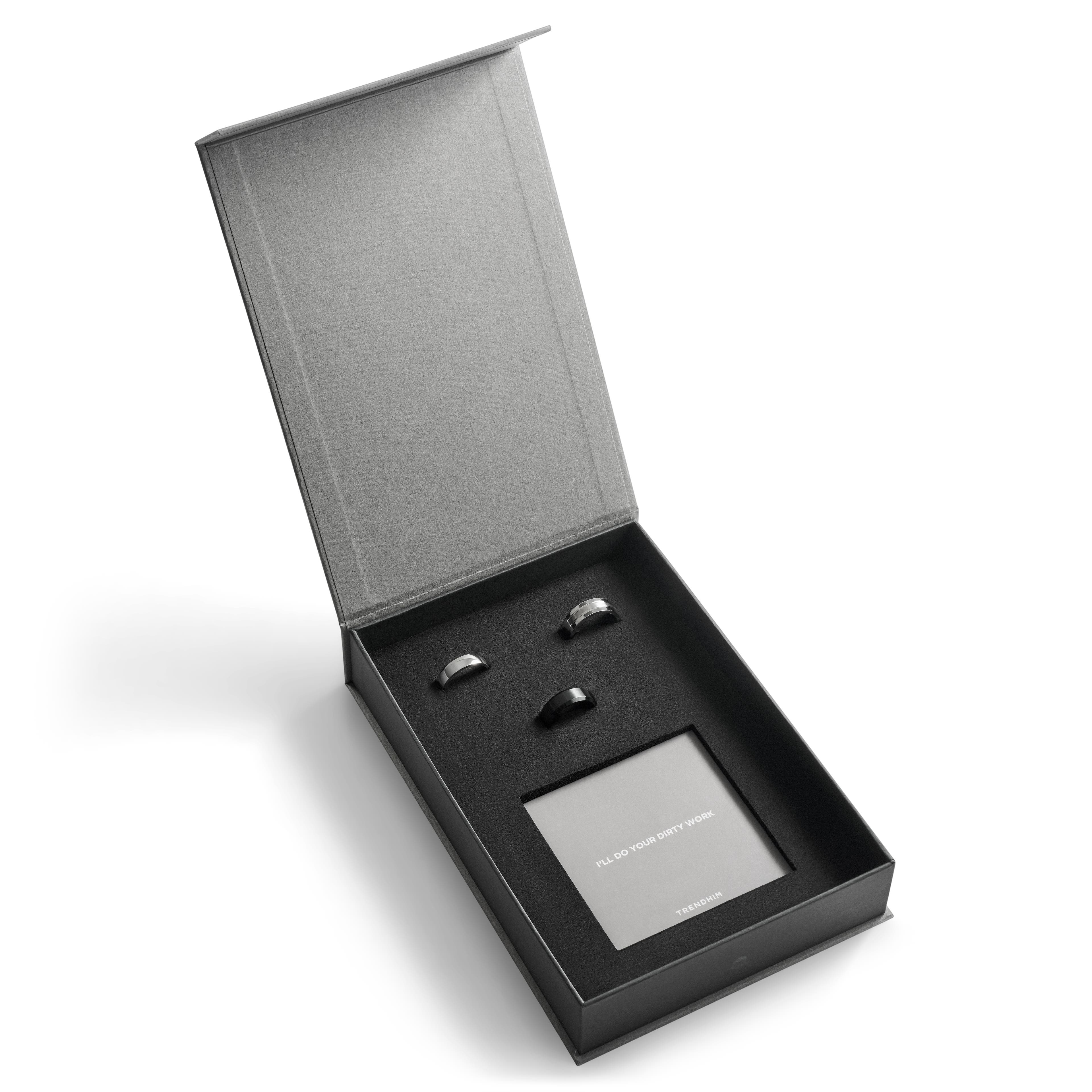 Основна подаръчна кутия с пръстени от черна и сребриста медицинска стомана